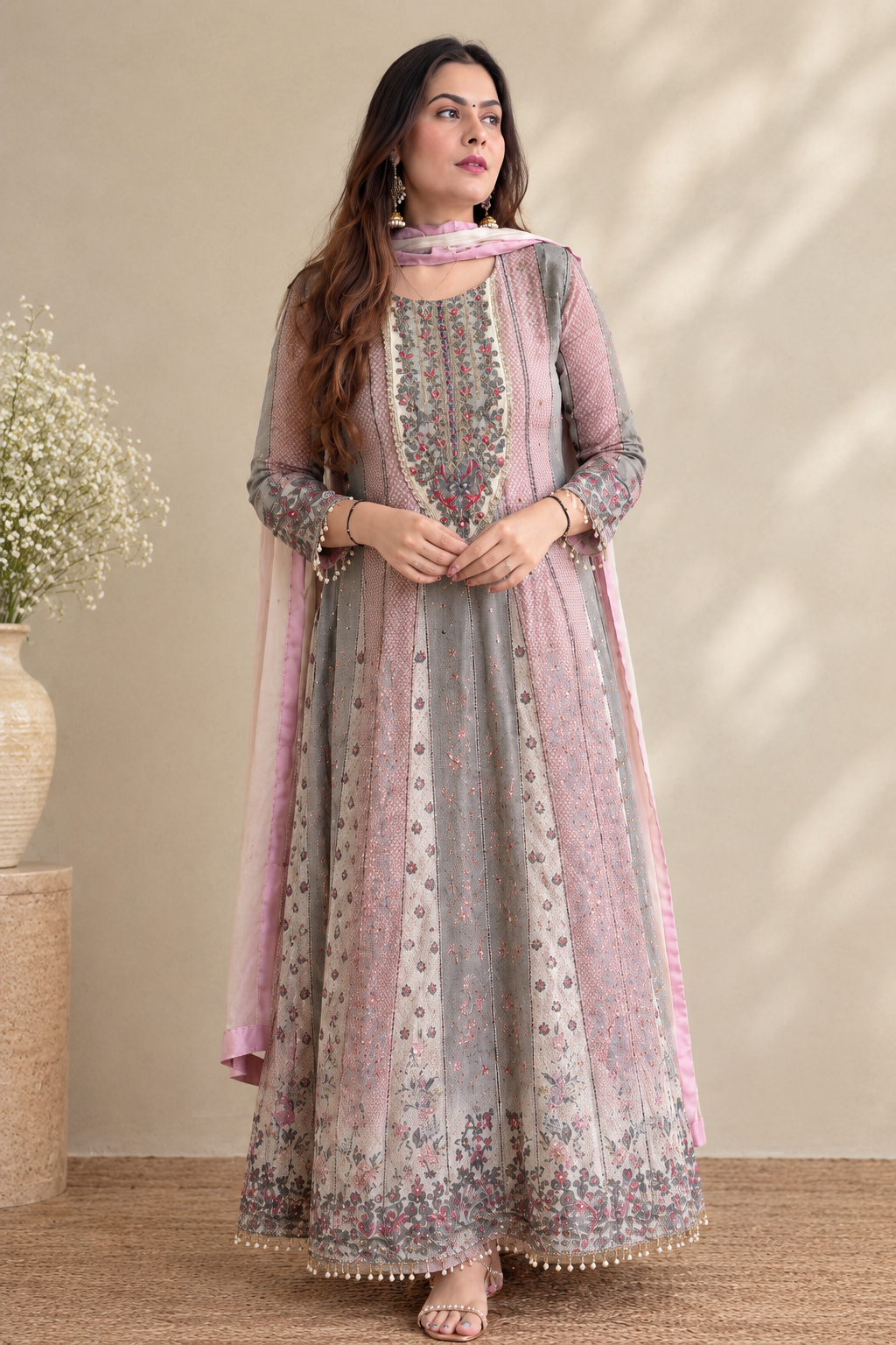 Elegant Pastel Pink Grey Floral Embroidered Anarkali Suit Set