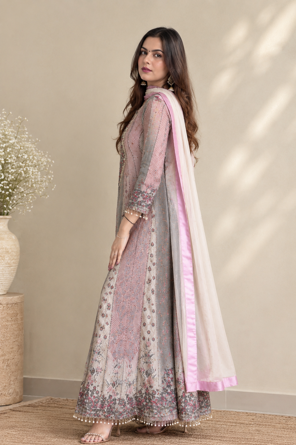 Elegant Pastel Pink Grey Floral Embroidered Anarkali Suit Set