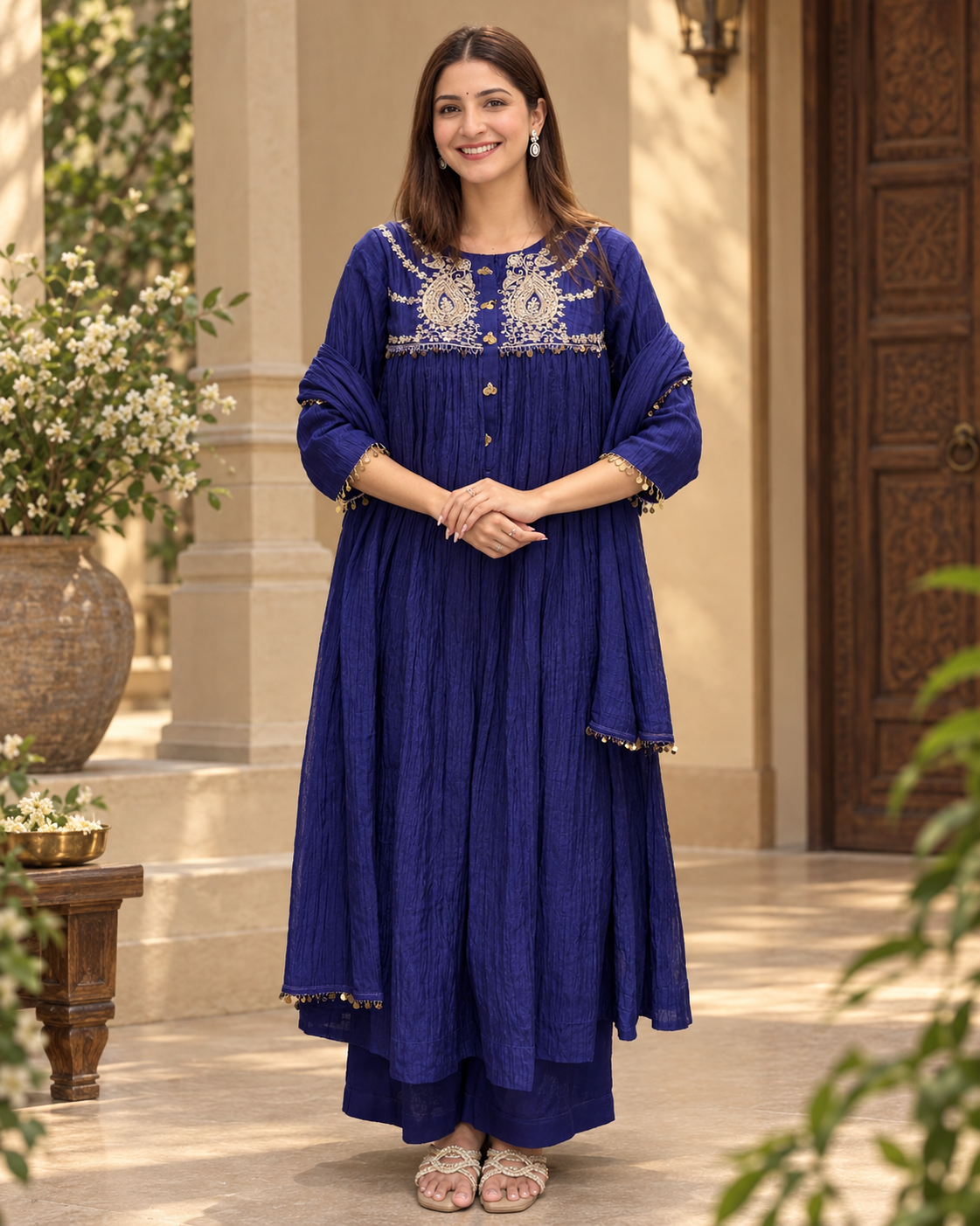 Royal Blue Embroidered Anarkali Suit Set with Dupatta