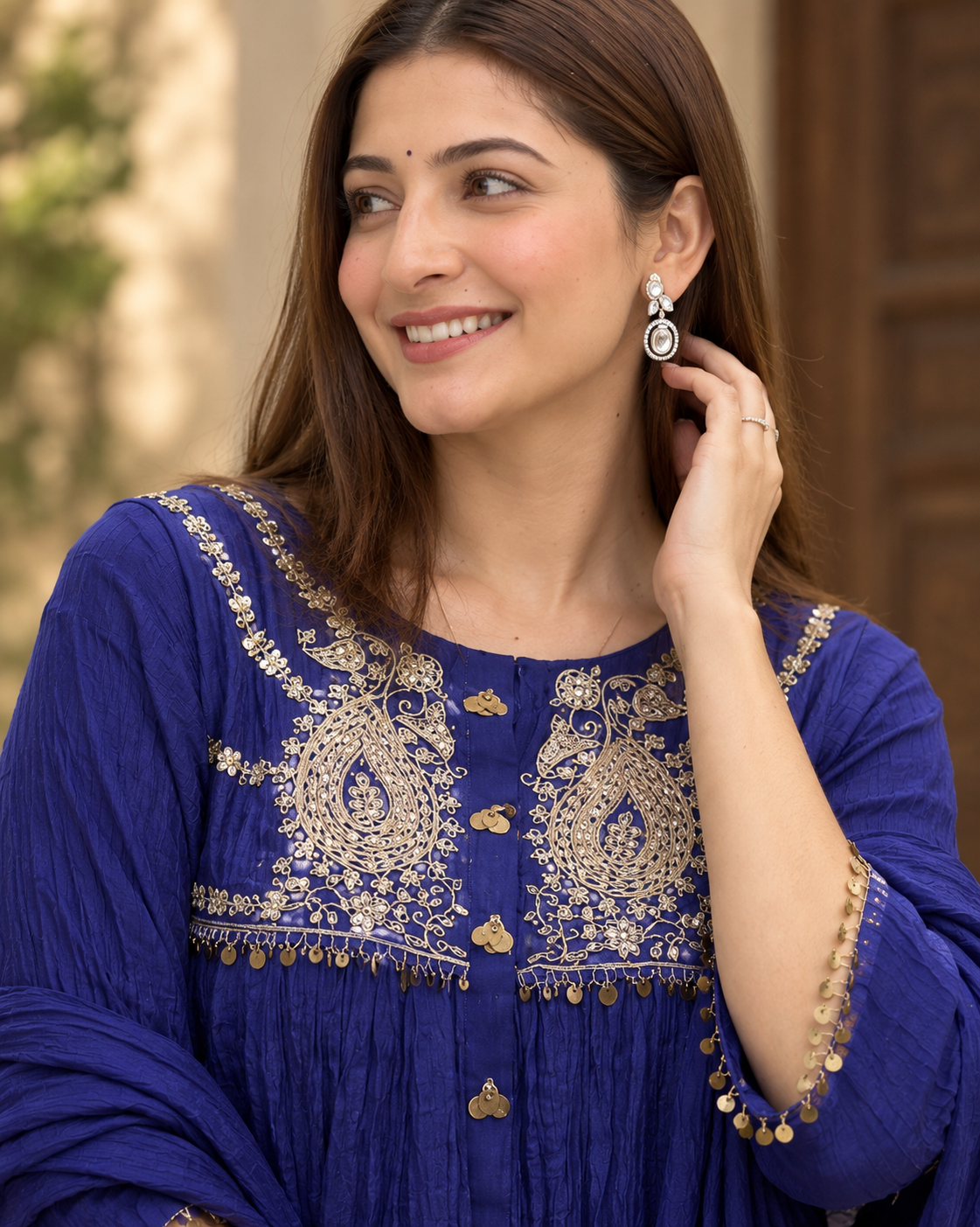 Royal Blue Embroidered Anarkali Suit Set with Dupatta