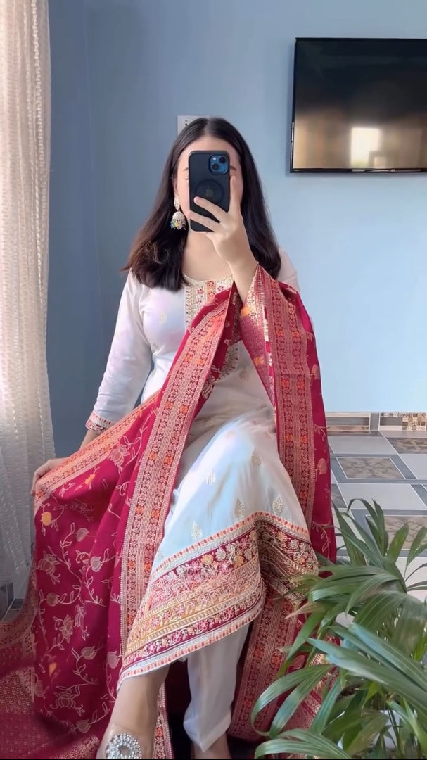 Aesthetic Pure Kanjivaram Silk Embroidery Suit Set