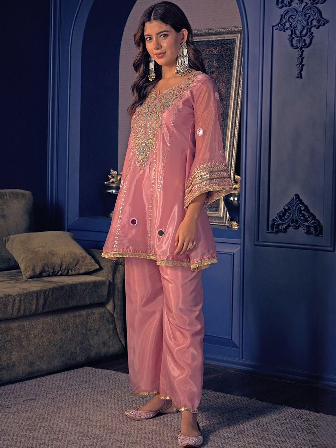 Royal Peach Mirror Work Embroidered Kurta Set