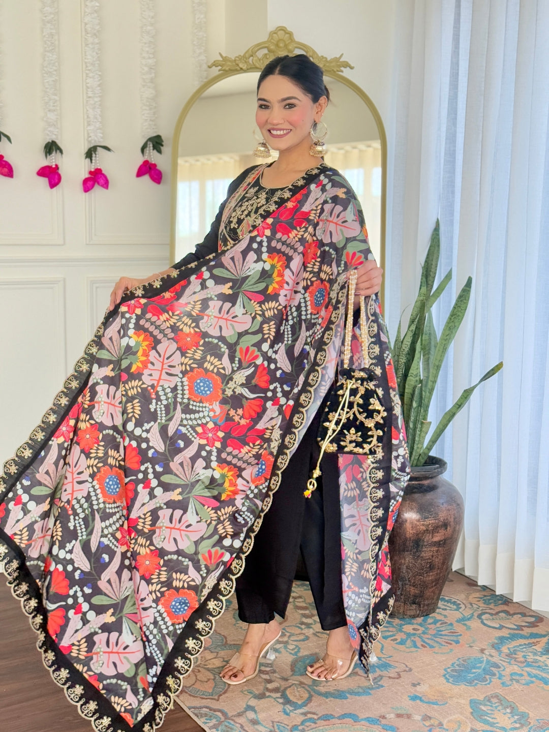 Most Beautiful Trending Black Viscose Chanderi With Embroidary Suit Set