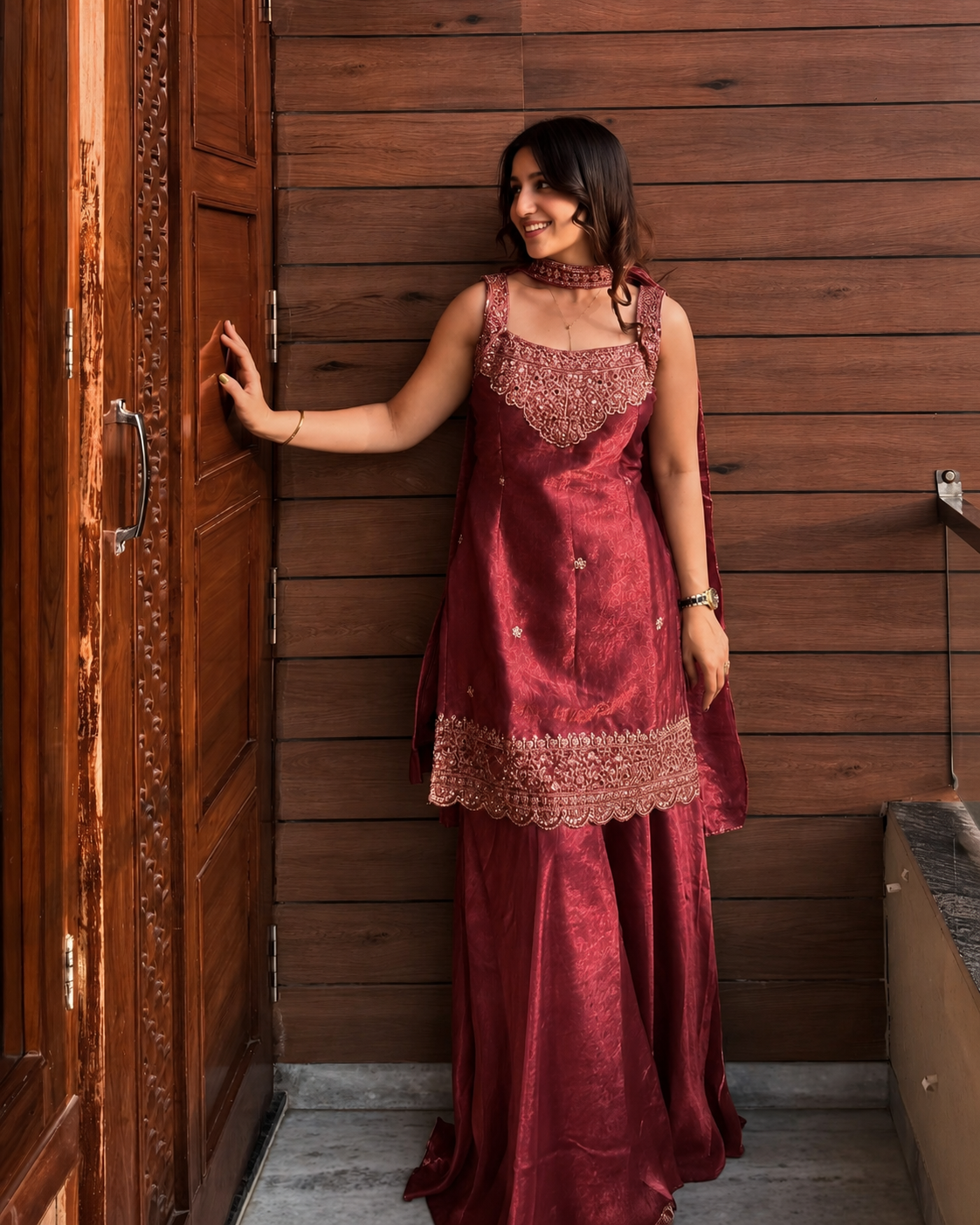 Deep Maroon Heavy Embroidered Sleeveless Sharara Set