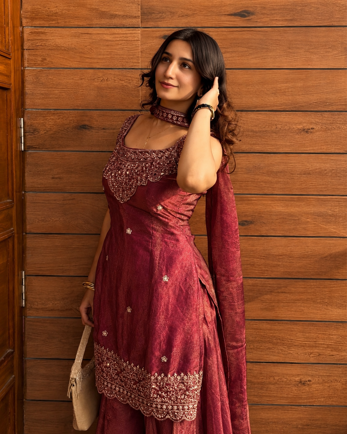 Deep Maroon Heavy Embroidered Sleeveless Sharara Set