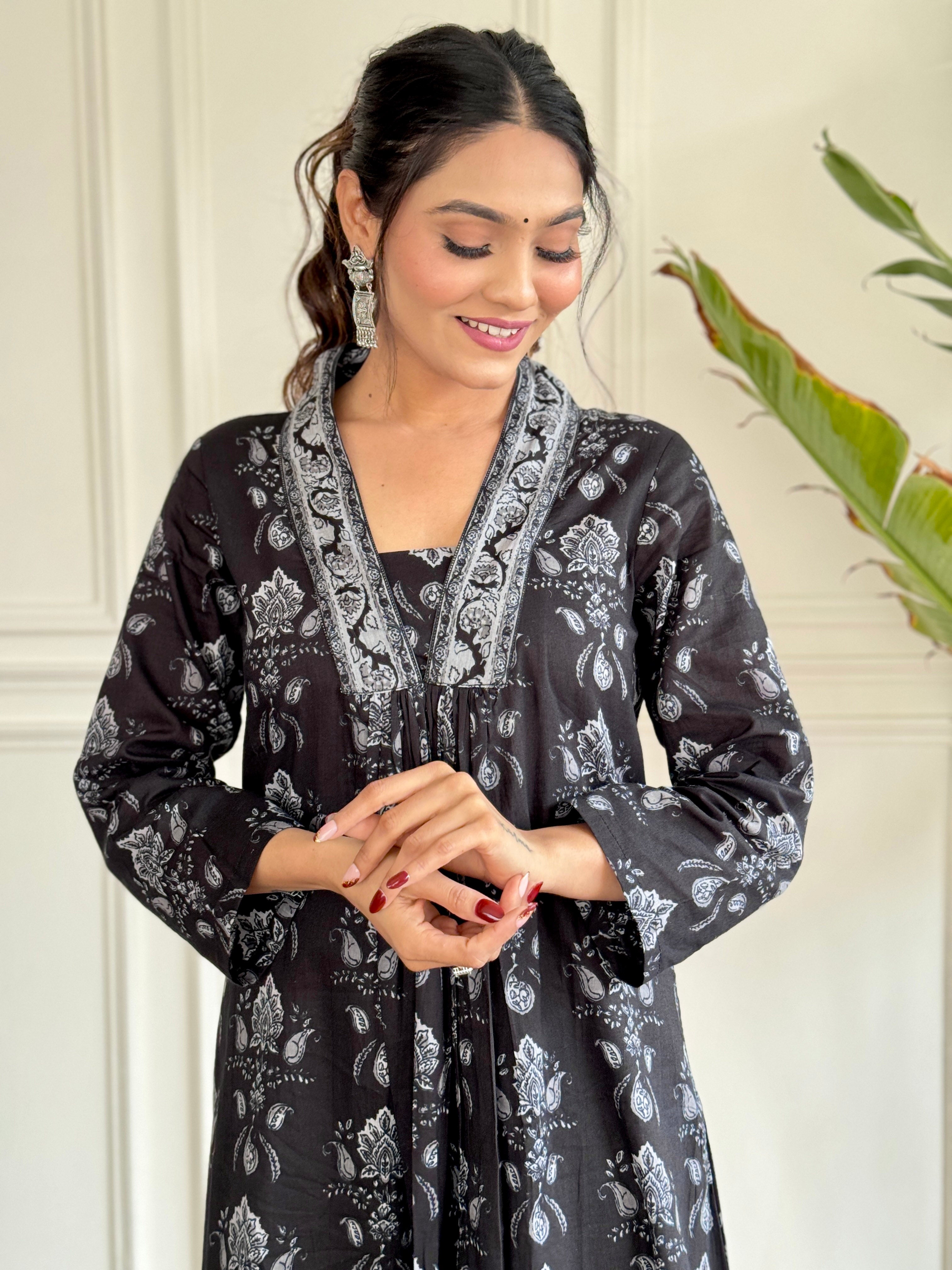 Bucolic Black Pure Cotton Block Print Suit Set