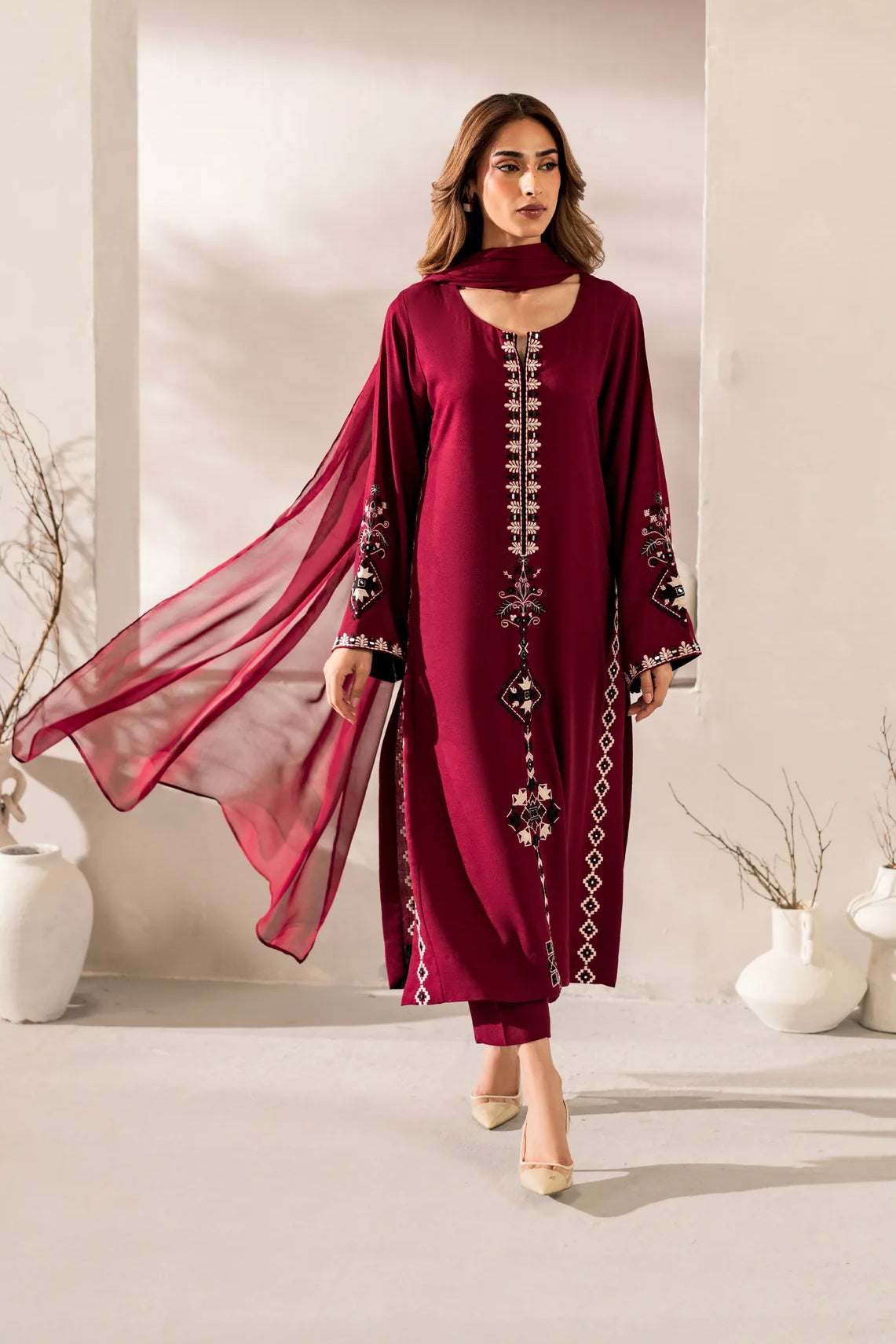 Maahe Deep Maroon Embroidered Suit Set