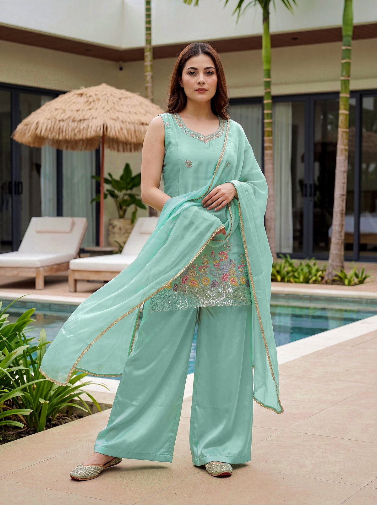 Delightful Sea Green Embroidered Suit Set