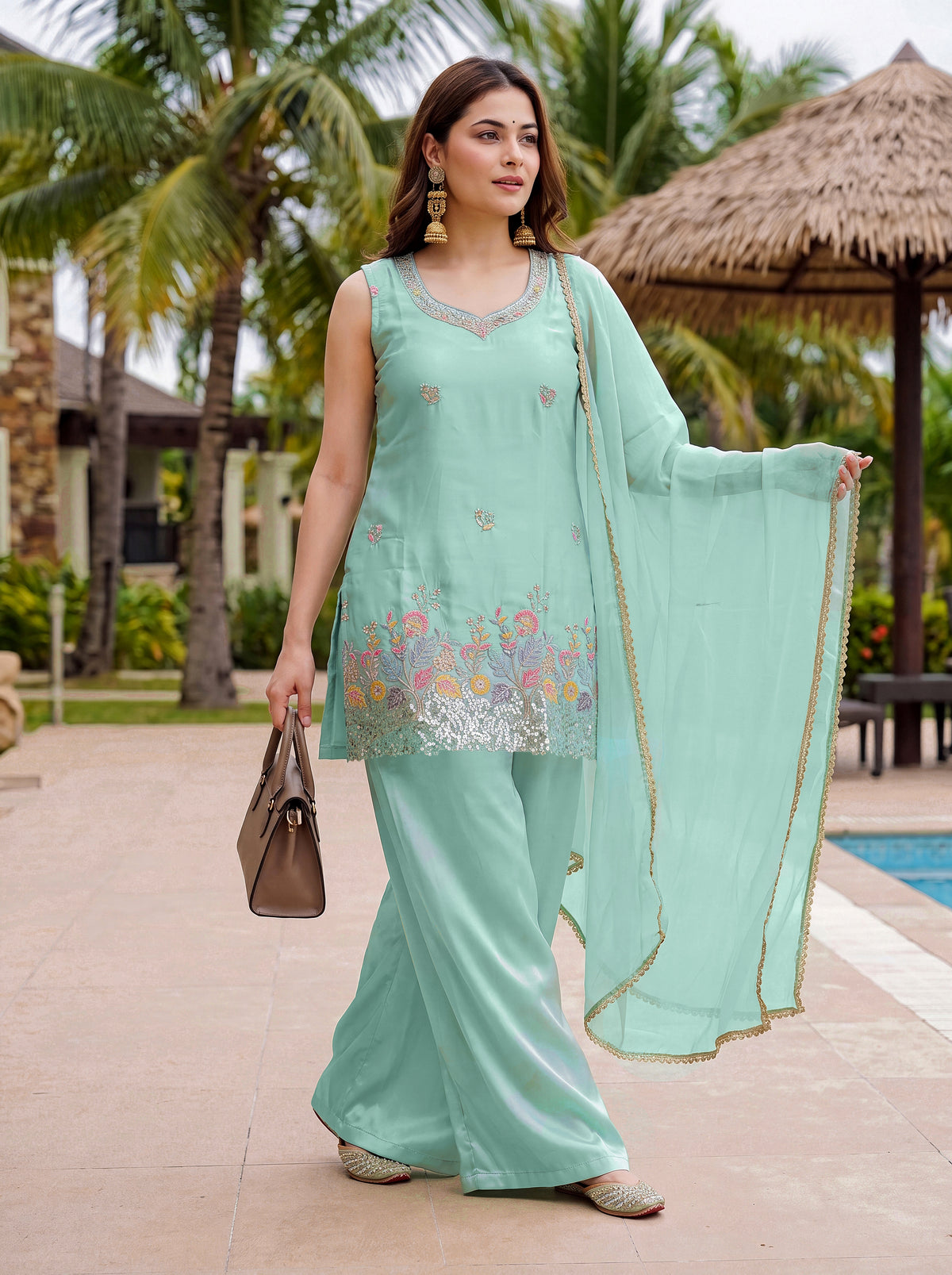 Delightful Sea Green Embroidered Suit Set