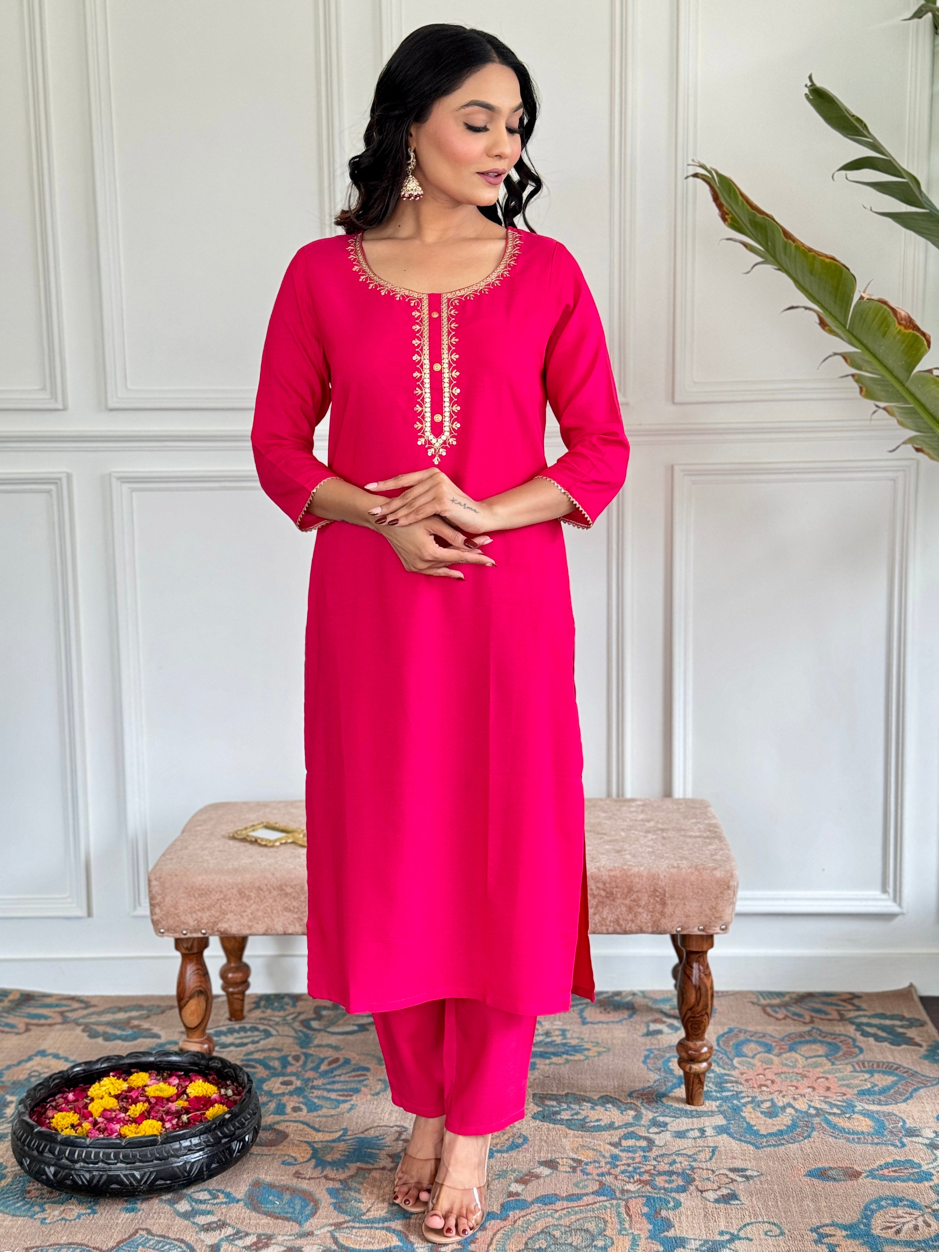 Vintage Gajri Viscose Embroidered Straight Kurta Suit Set
