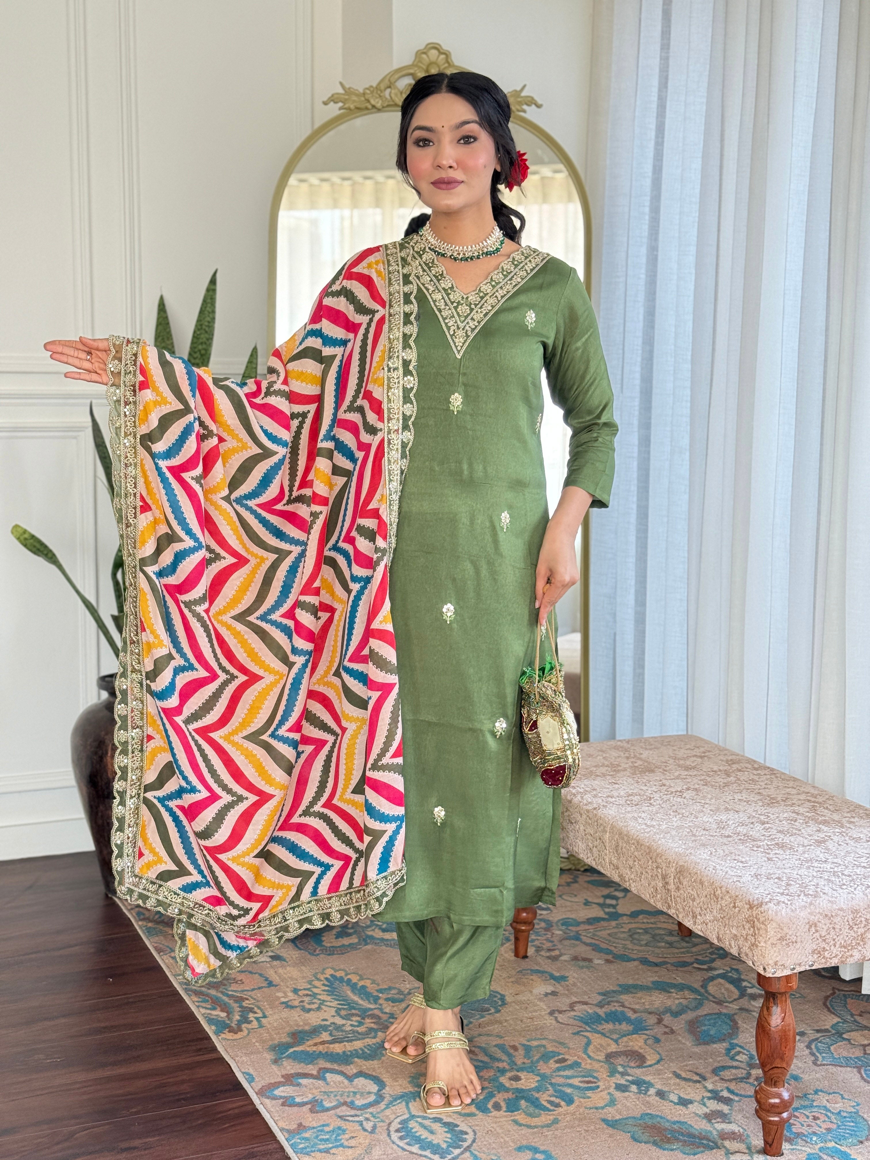 Tremendous Pista Viscose Embroidery Straight Kurta Suit Set