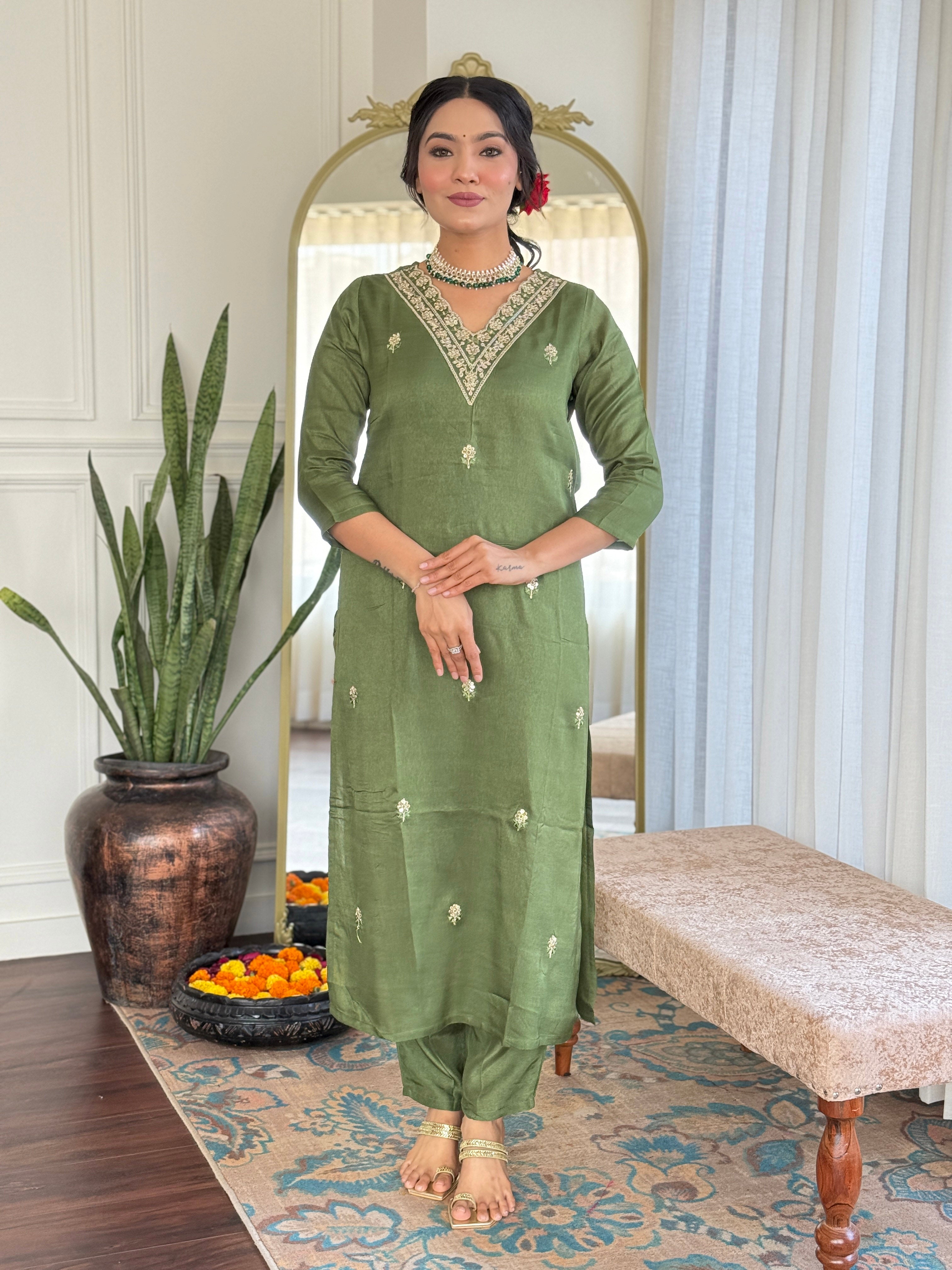 Tremendous Pista Viscose Embroidery Straight Kurta Suit Set