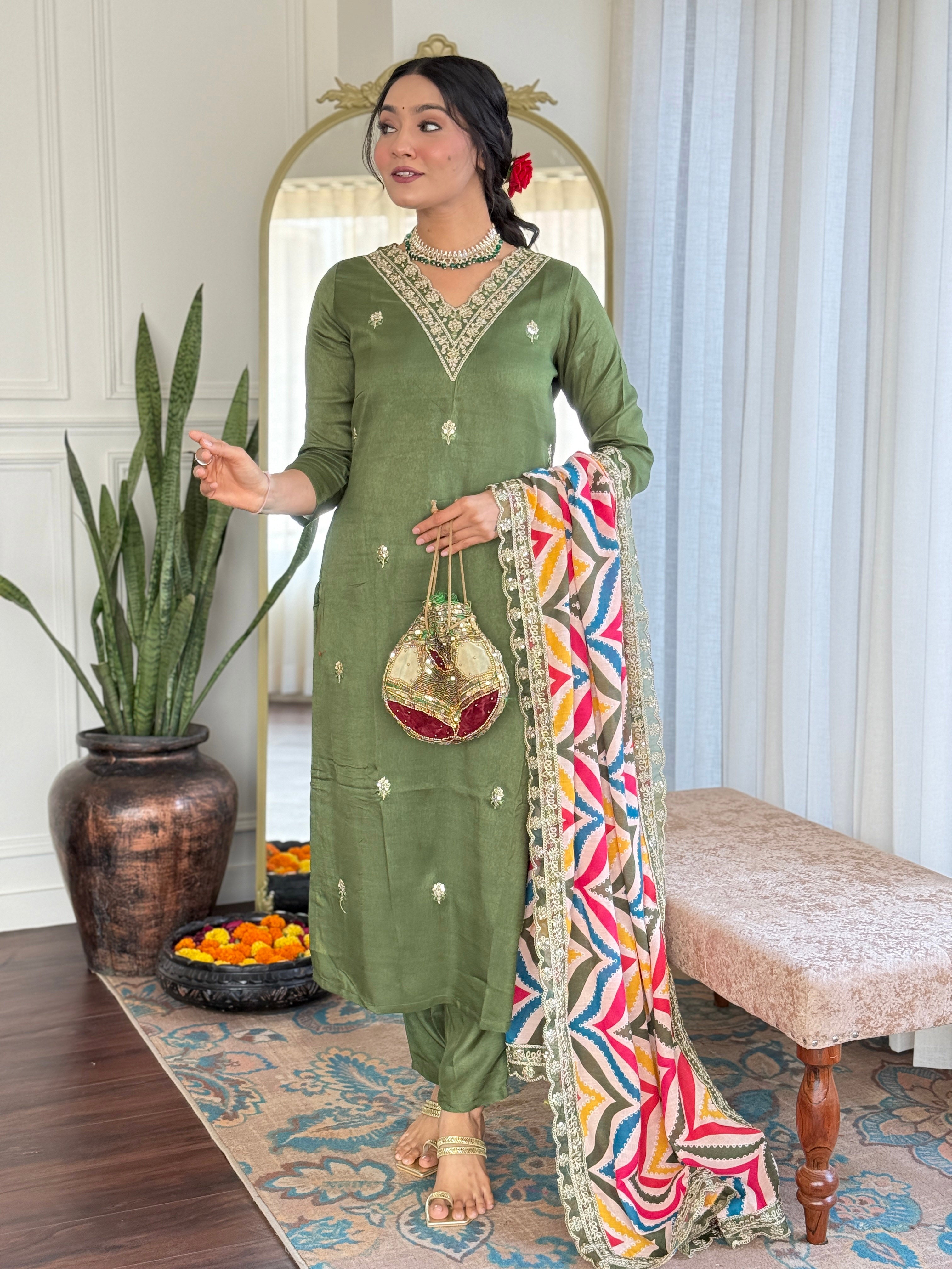 Tremendous Pista Viscose Embroidery Straight Kurta Suit Set