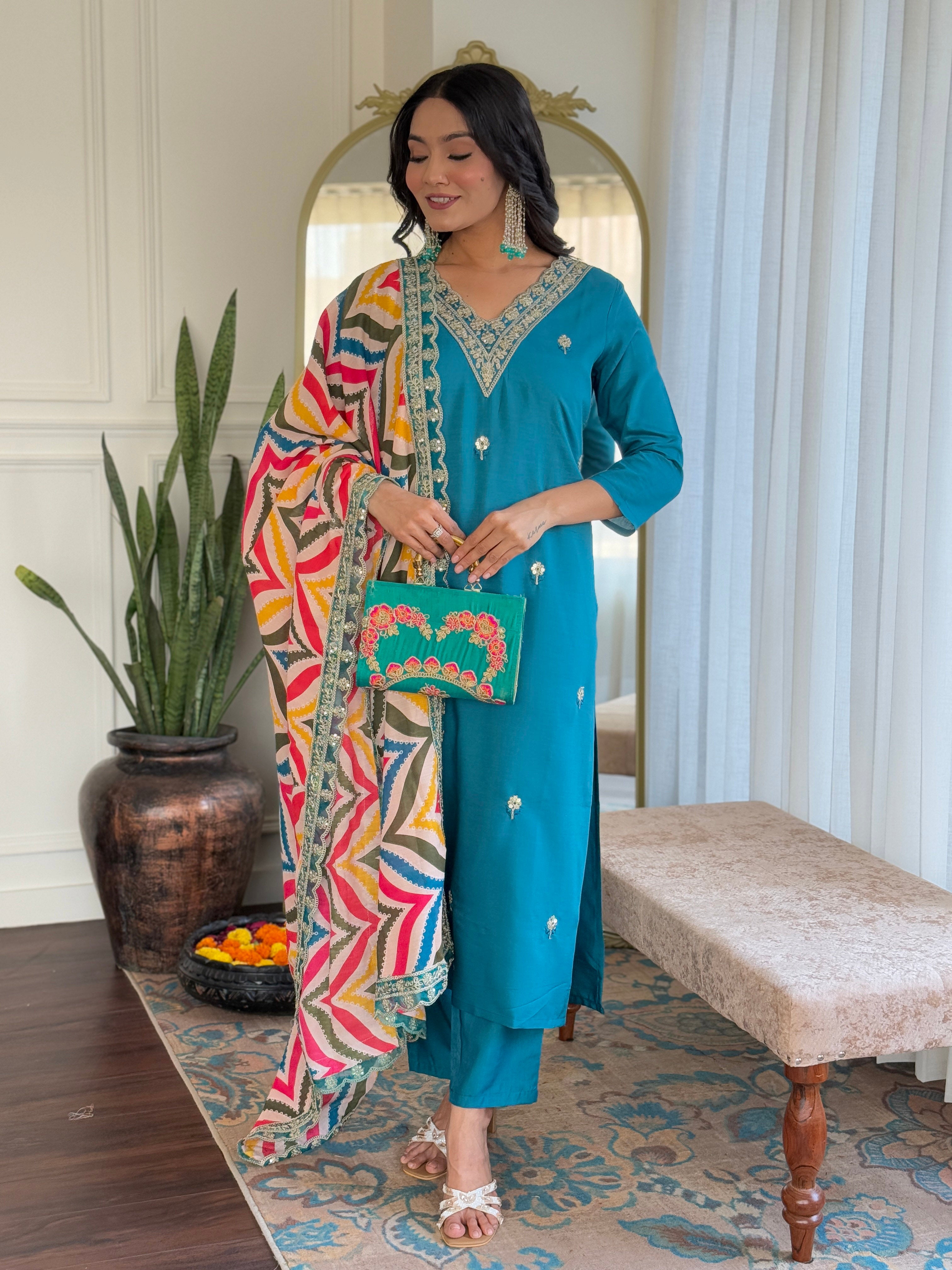 Royal Rama Viscose Embroidery Straight Kurta Suit Set