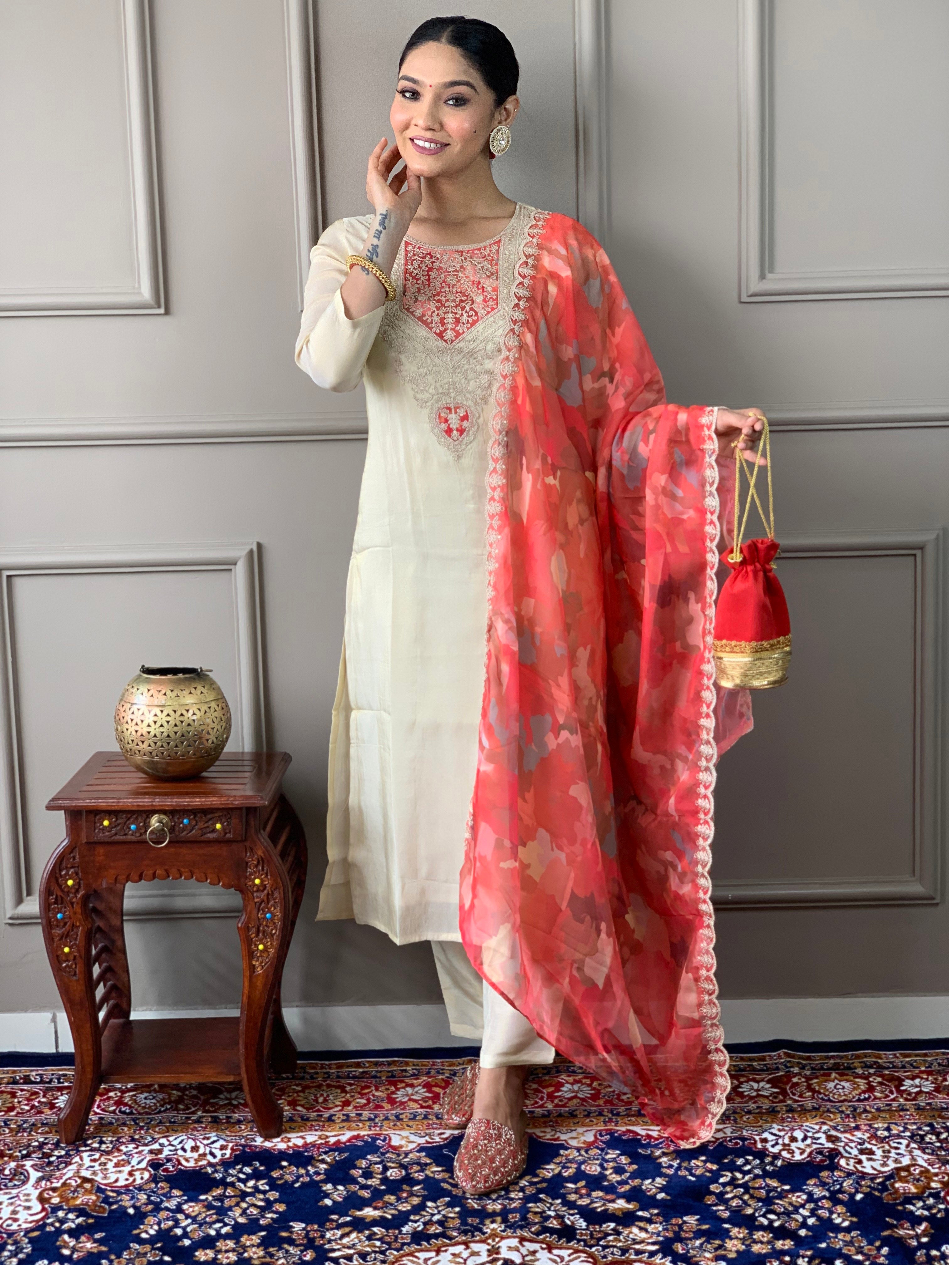 Creamy Viscose Embroidered Straight Kurta Suit Set