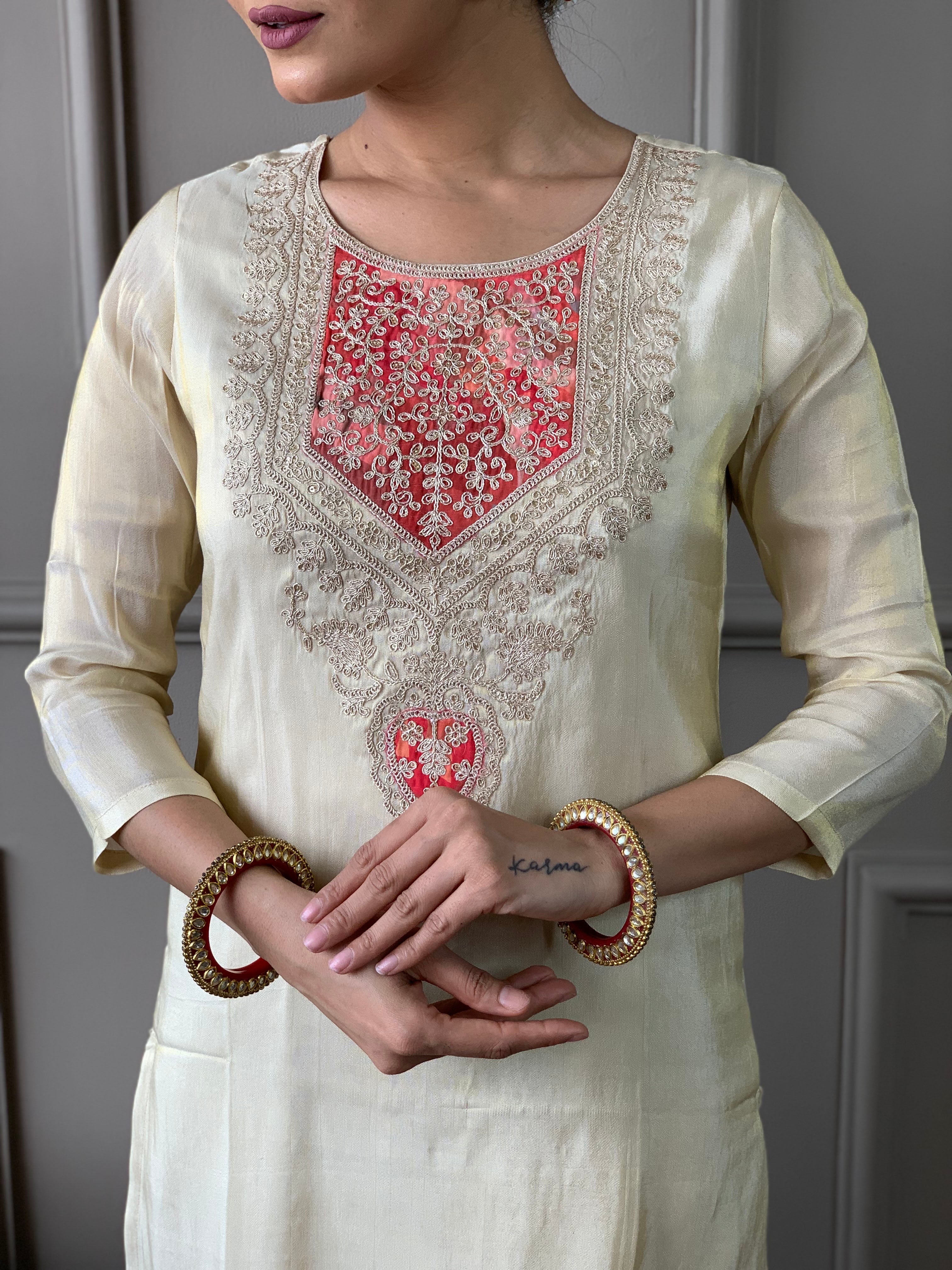 Creamy Viscose Embroidered Straight Kurta Suit Set