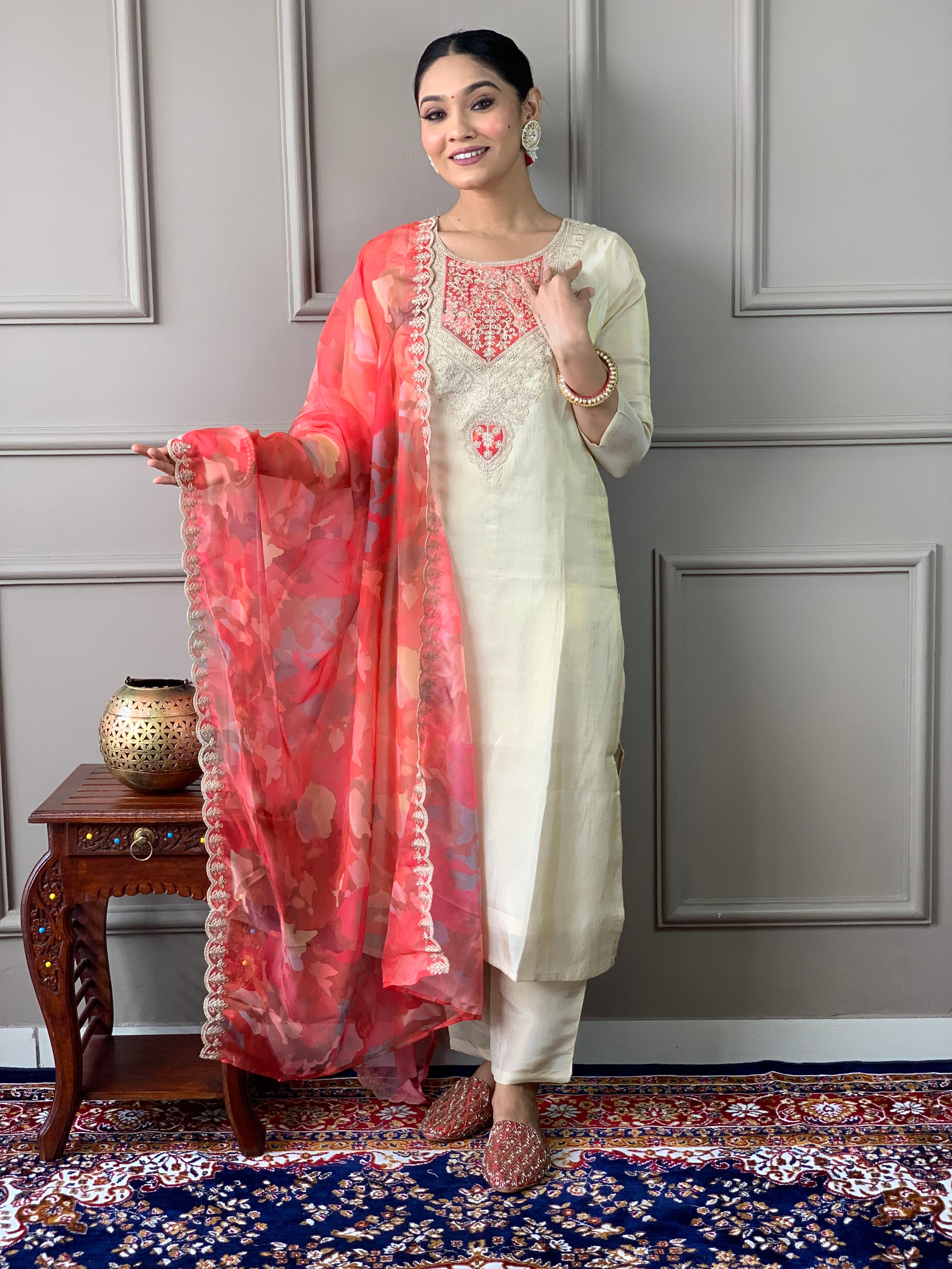 Creamy Viscose Embroidered Straight Kurta Suit Set