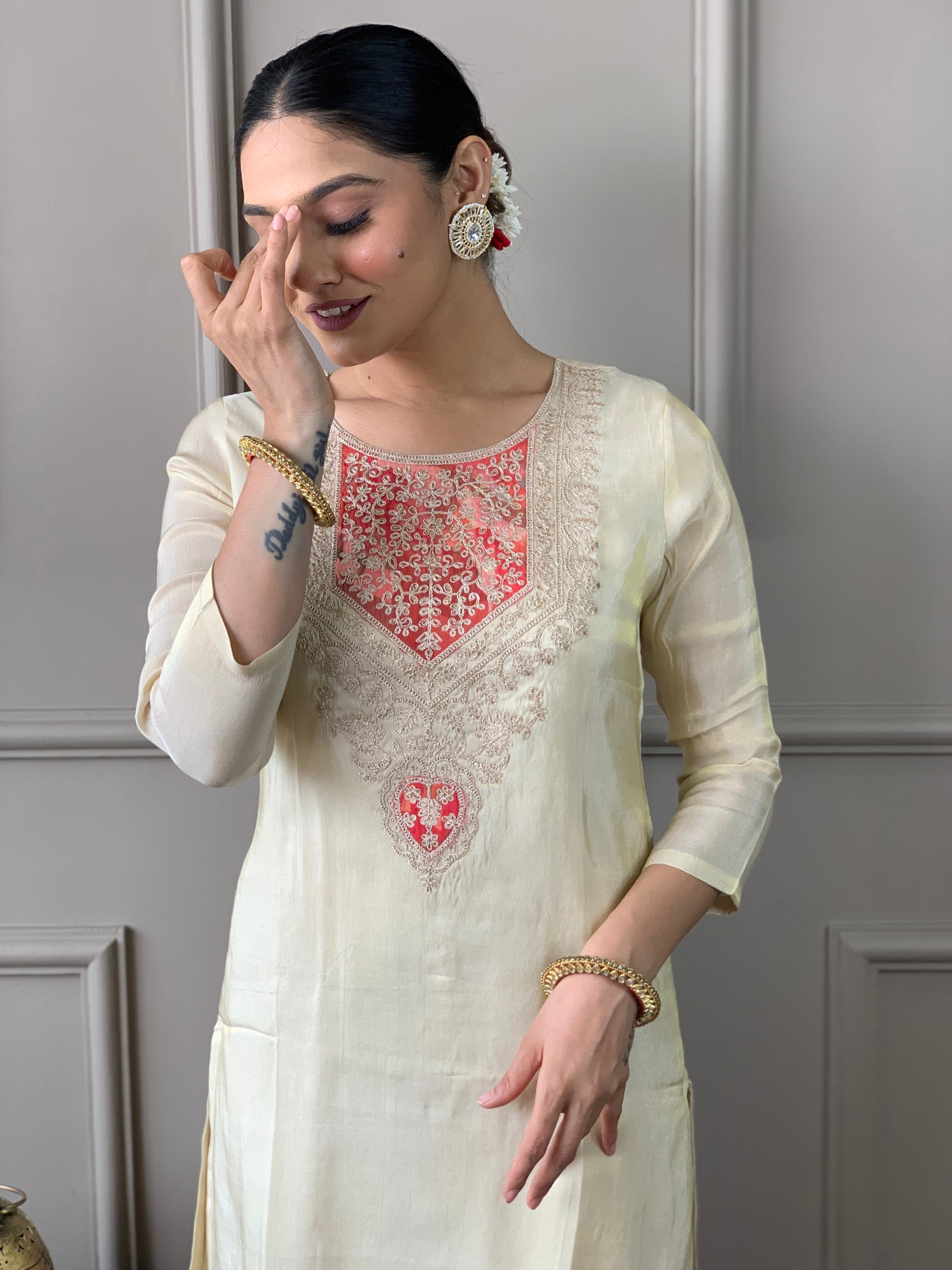 Creamy Viscose Embroidered Straight Kurta Suit Set
