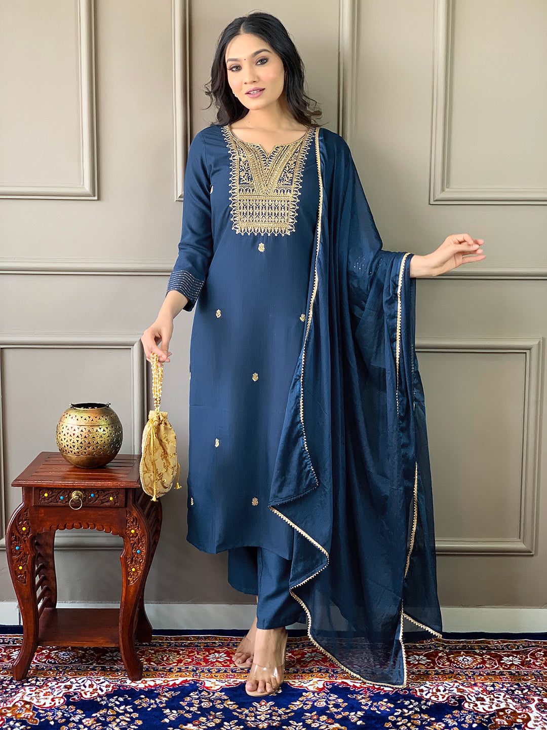 Surpassing Petrol Blue Designer Rayon Suit Set With Heavy Dupatta