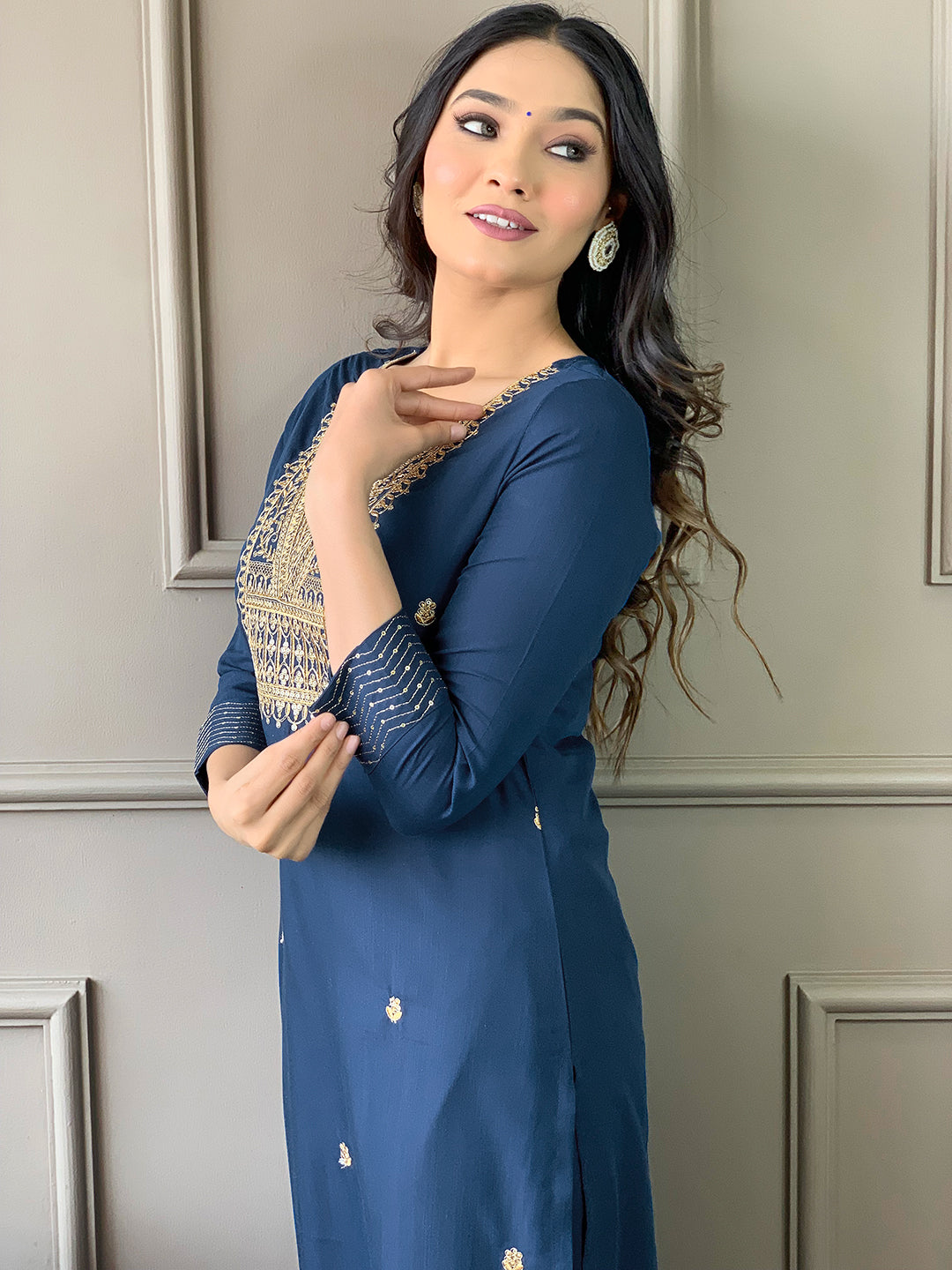 Surpassing Petrol Blue Designer Rayon Suit Set With Heavy Dupatta