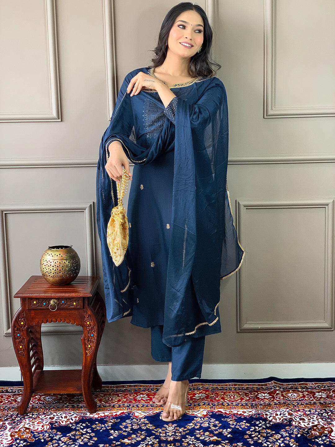 Surpassing Petrol Blue Designer Rayon Suit Set With Heavy Dupatta