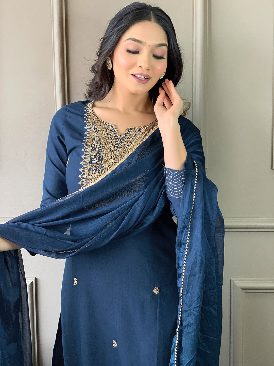 Surpassing Petrol Blue Designer Rayon Suit Set With Heavy Dupatta