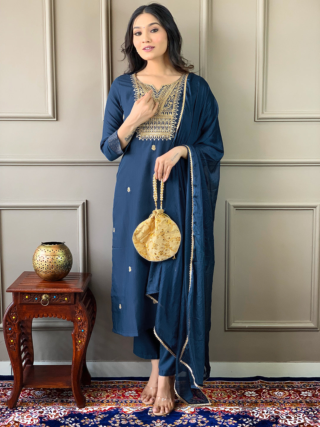 Surpassing Petrol Blue Designer Rayon Suit Set With Heavy Dupatta