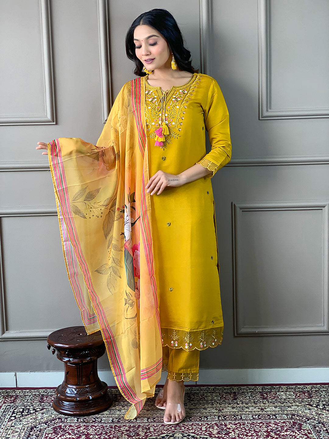 Precious Musturd Pure Chanderi Silk Designer Suit Set With Stylish Dupatta