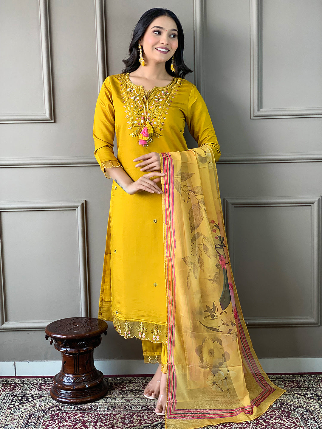 Precious Musturd Pure Chanderi Silk Designer Suit Set With Stylish Dupatta