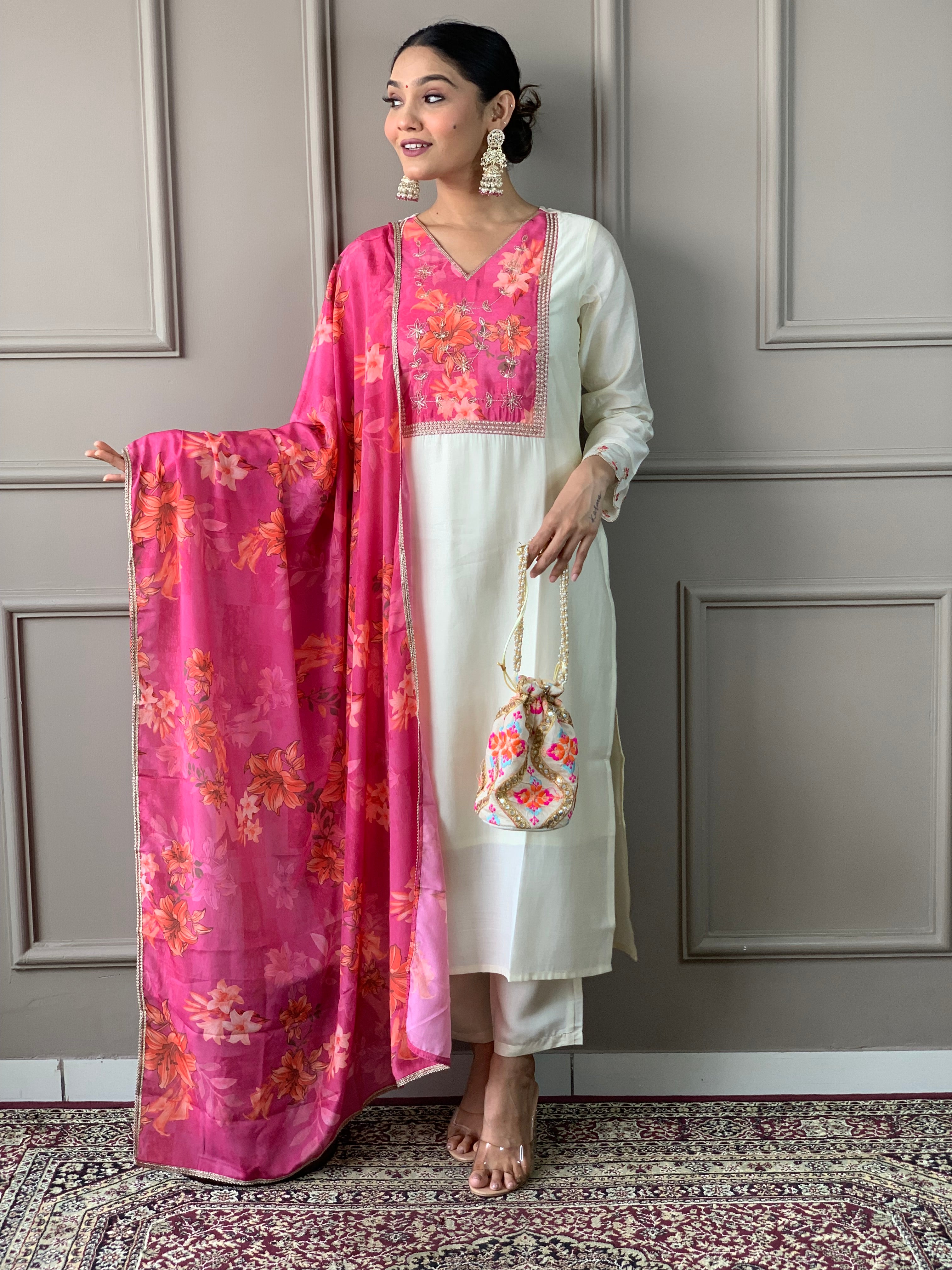 Shine Offwhite Viscose Embroidered Straight Kurta Suit Set