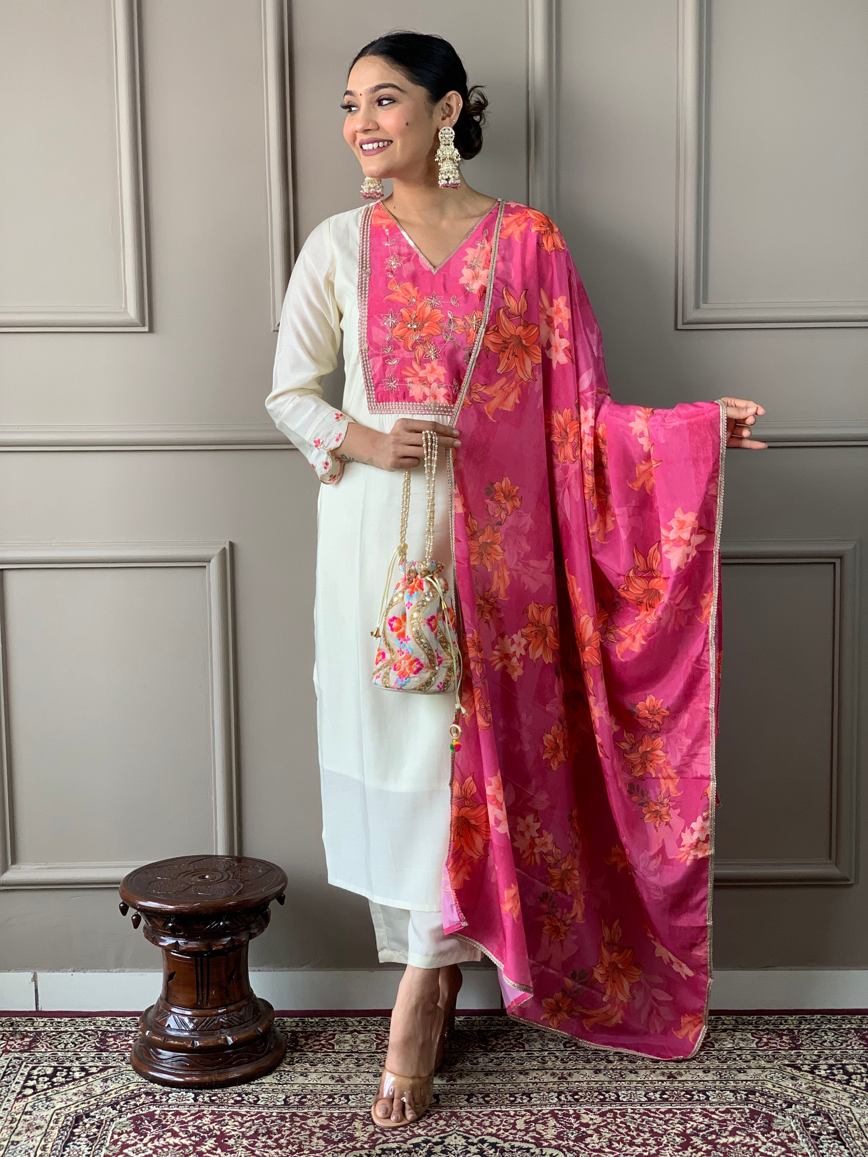 Shine Offwhite Viscose Embroidered Straight Kurta Suit Set