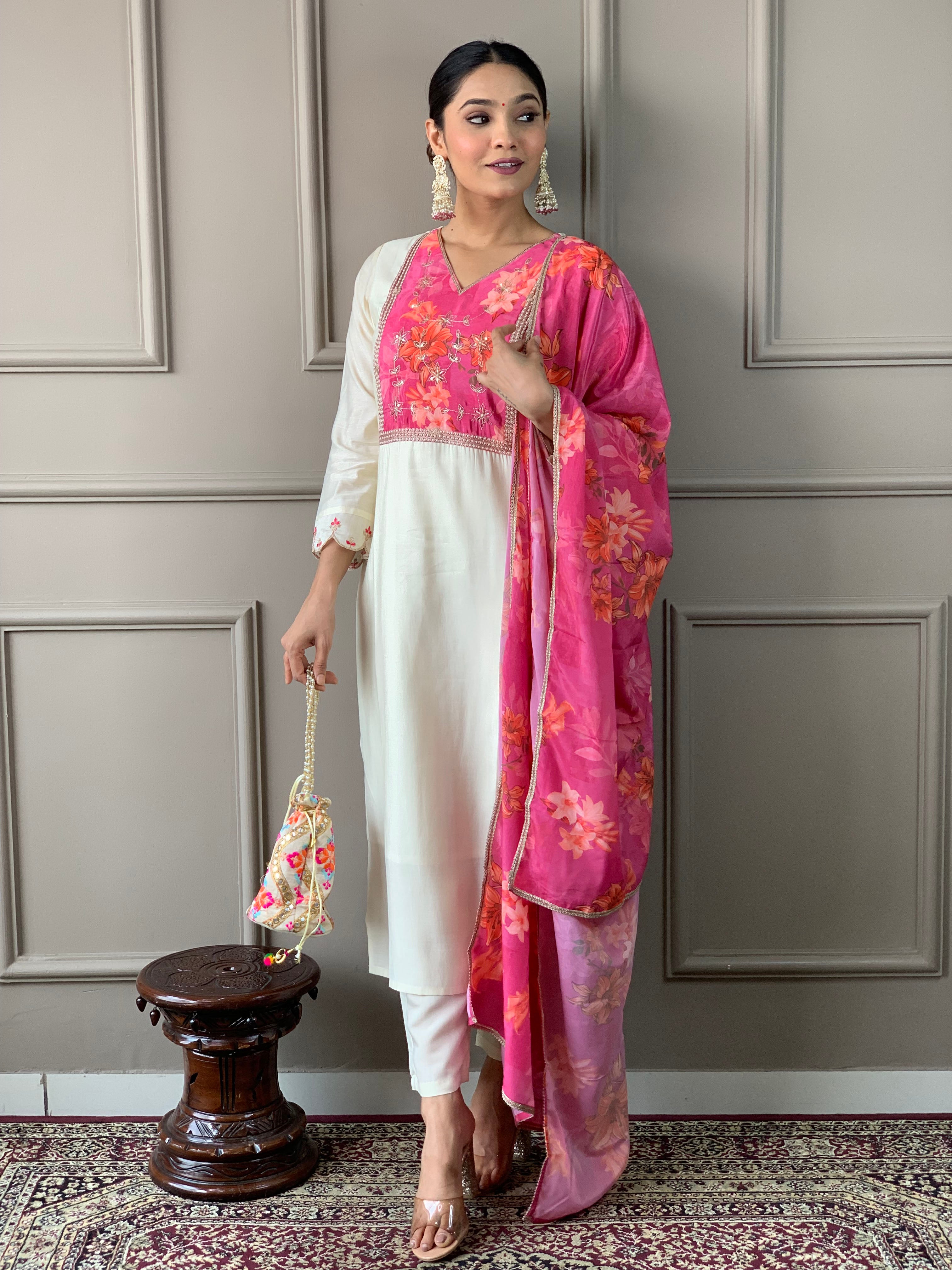 Shine Offwhite Viscose Embroidered Straight Kurta Suit Set