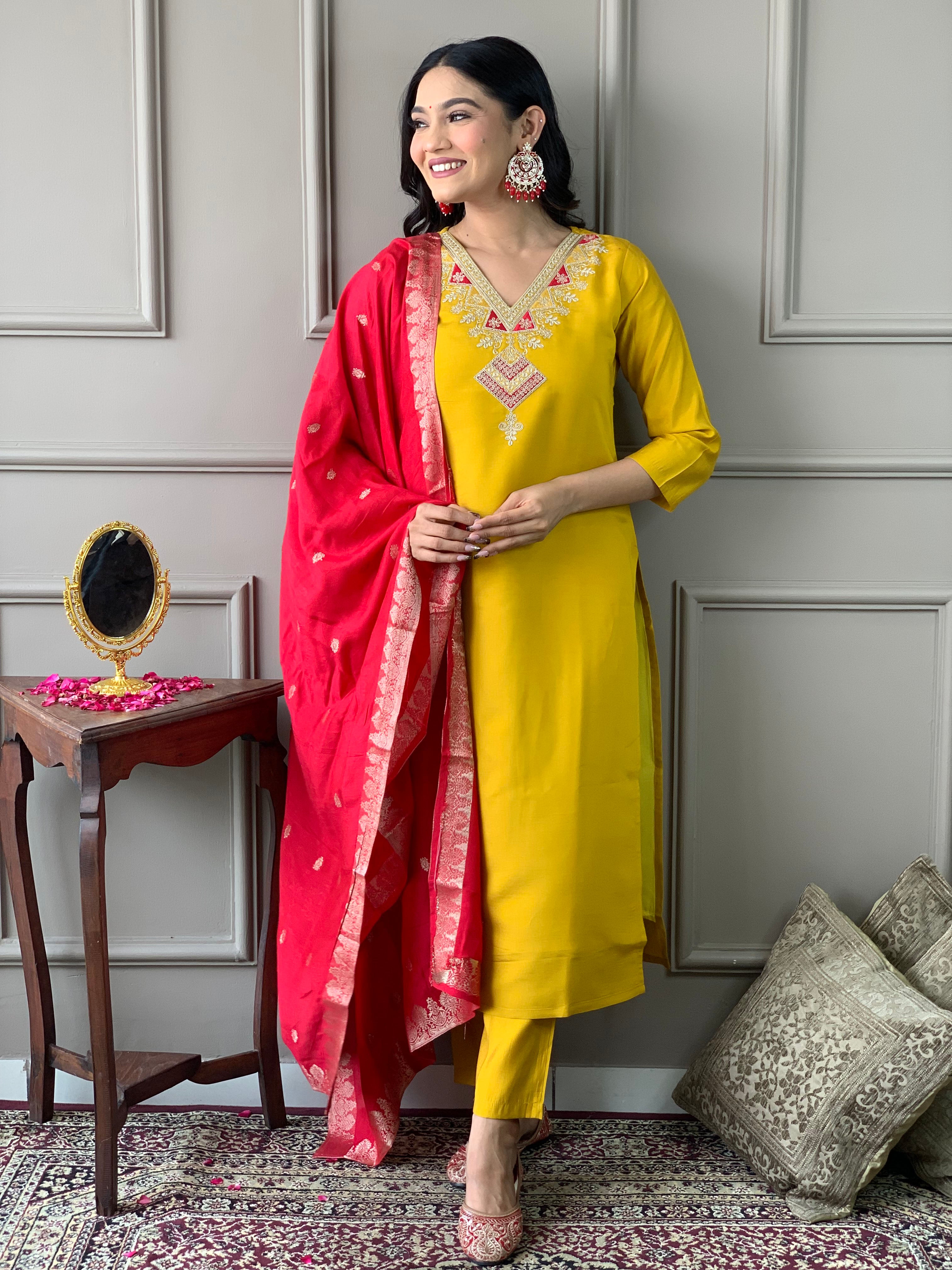 Real Red Viscose Embroidered Straight Kurta Suit Set