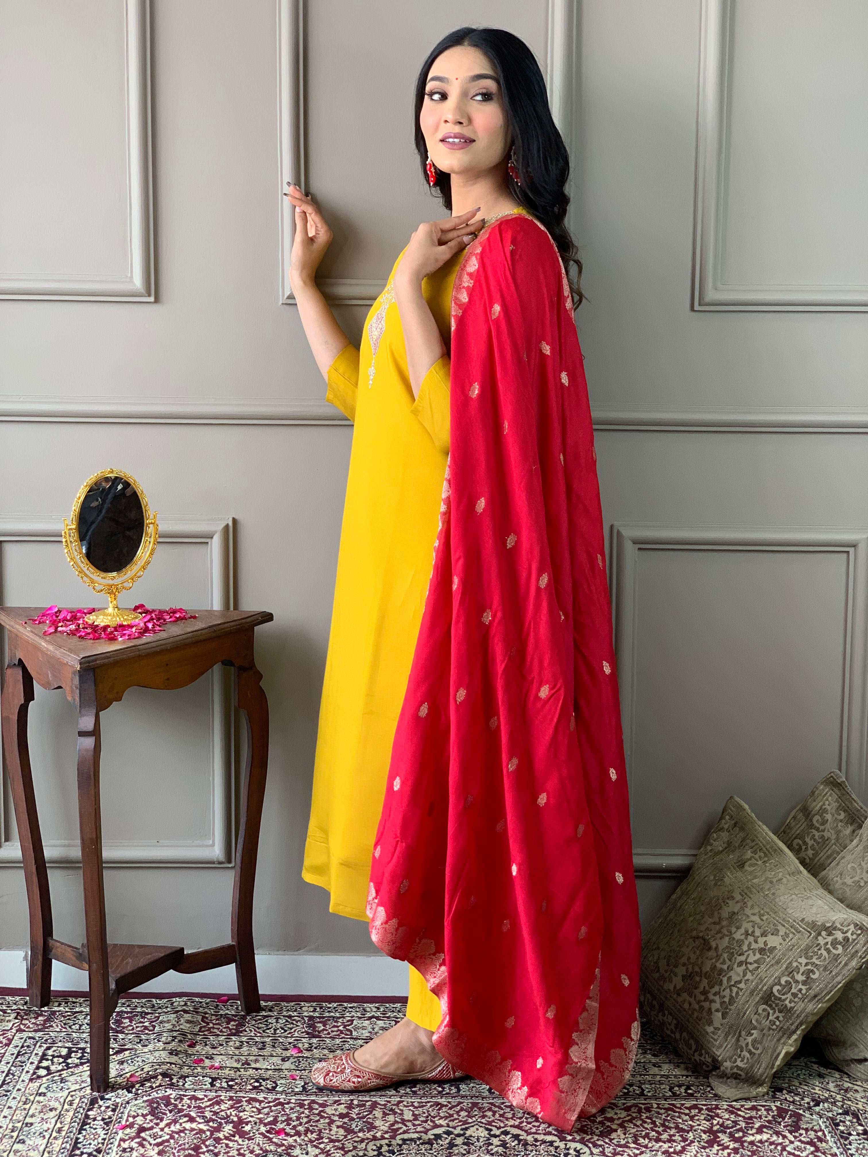 Real Red Viscose Embroidered Straight Kurta Suit Set