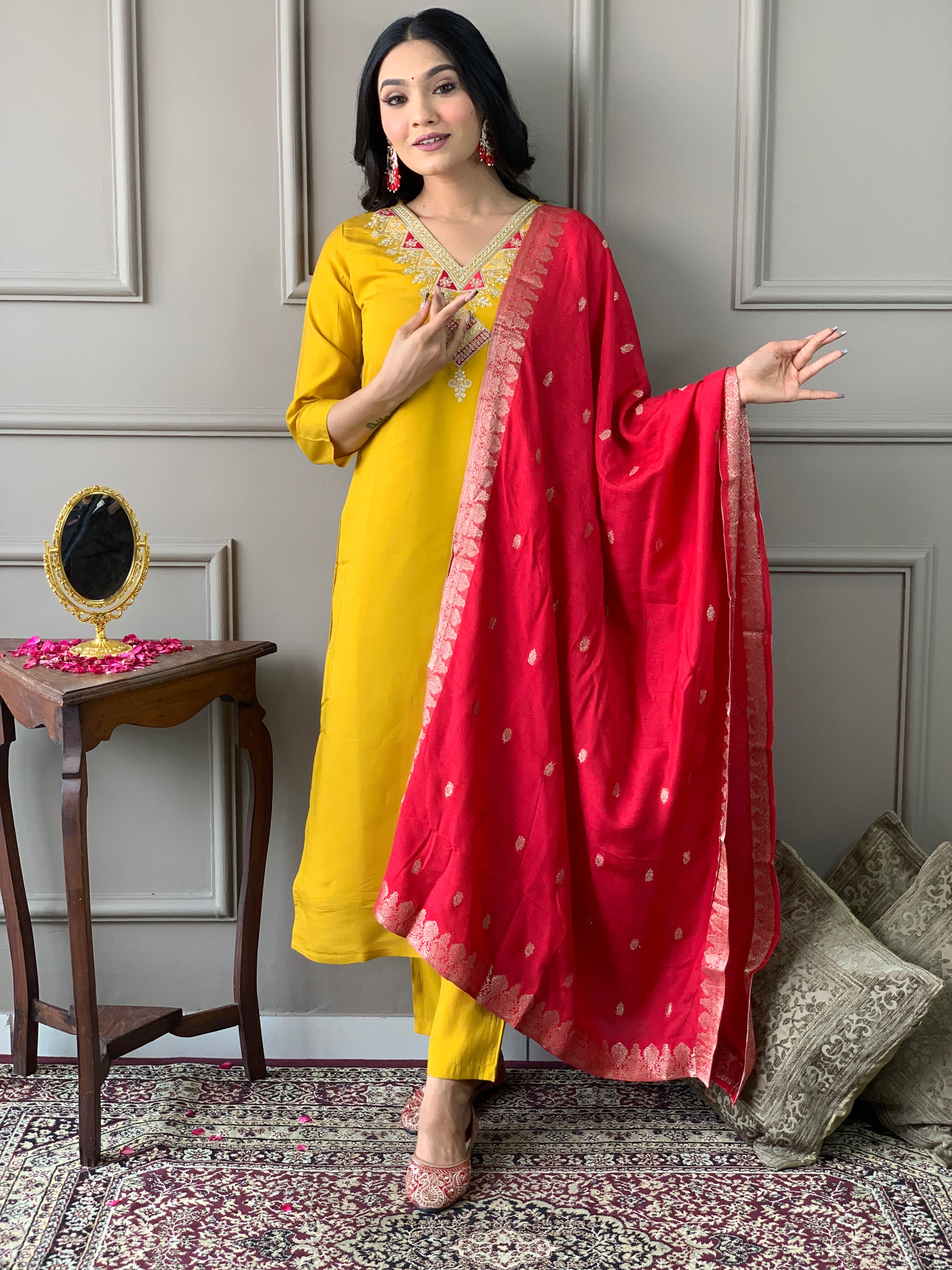Real Red Viscose Embroidered Straight Kurta Suit Set