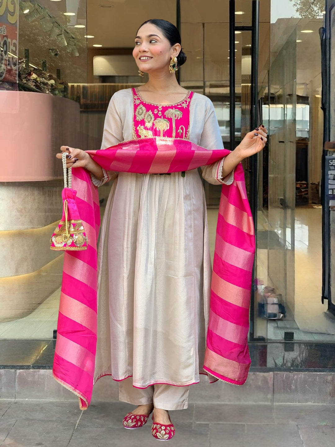 Zivaara Embroidered Ivory Pink Suit Set