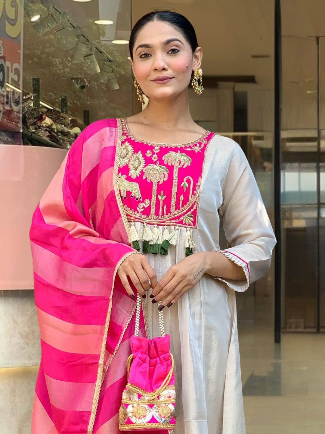 Zivaara Embroidered Ivory Pink Suit Set