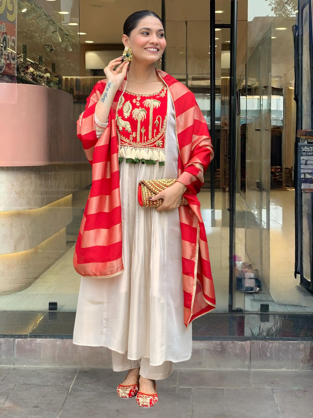 Zivaara Embroidered Ivory Red Suit Set