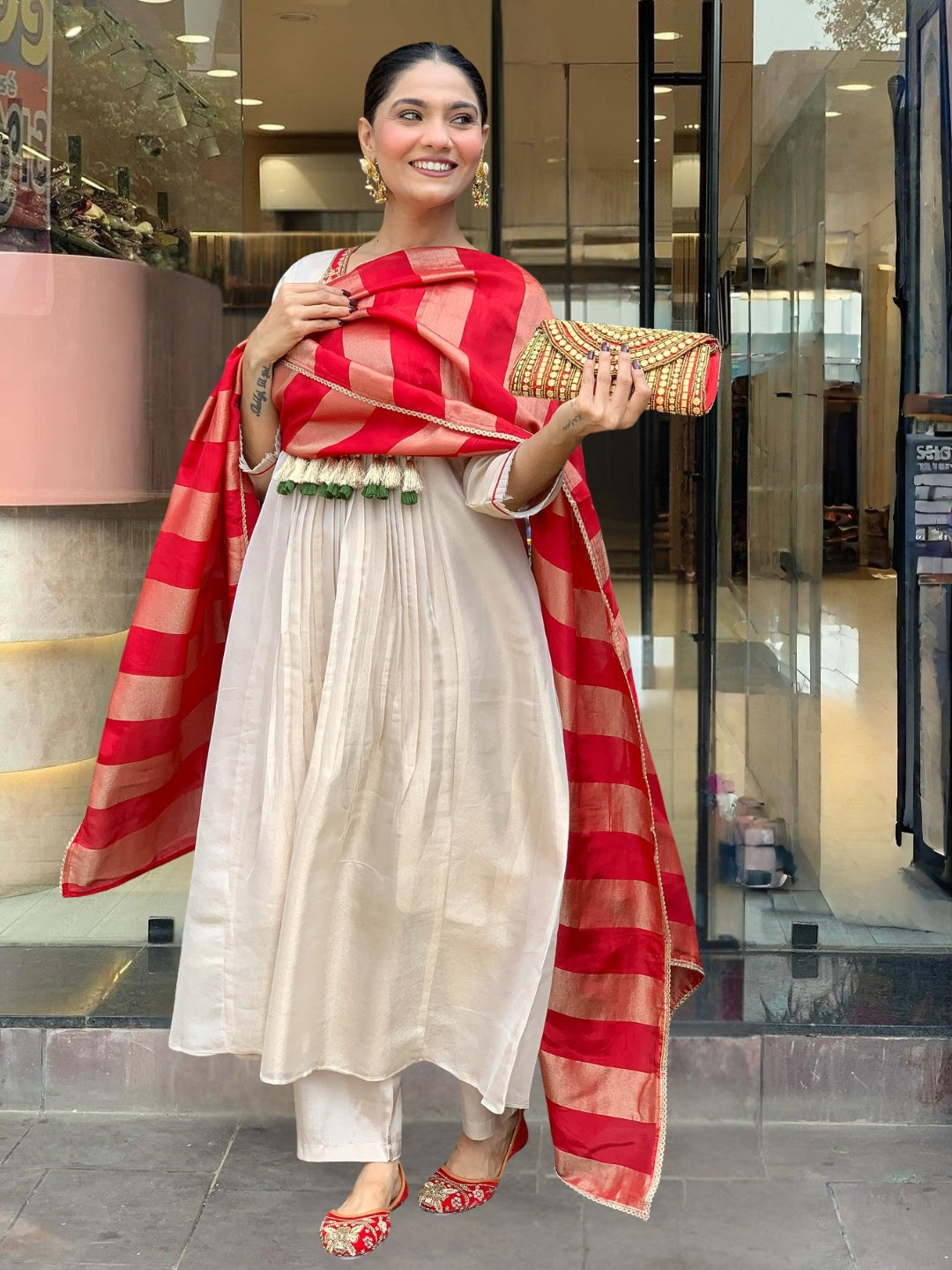 Zivaara Embroidered Ivory Red Suit Set