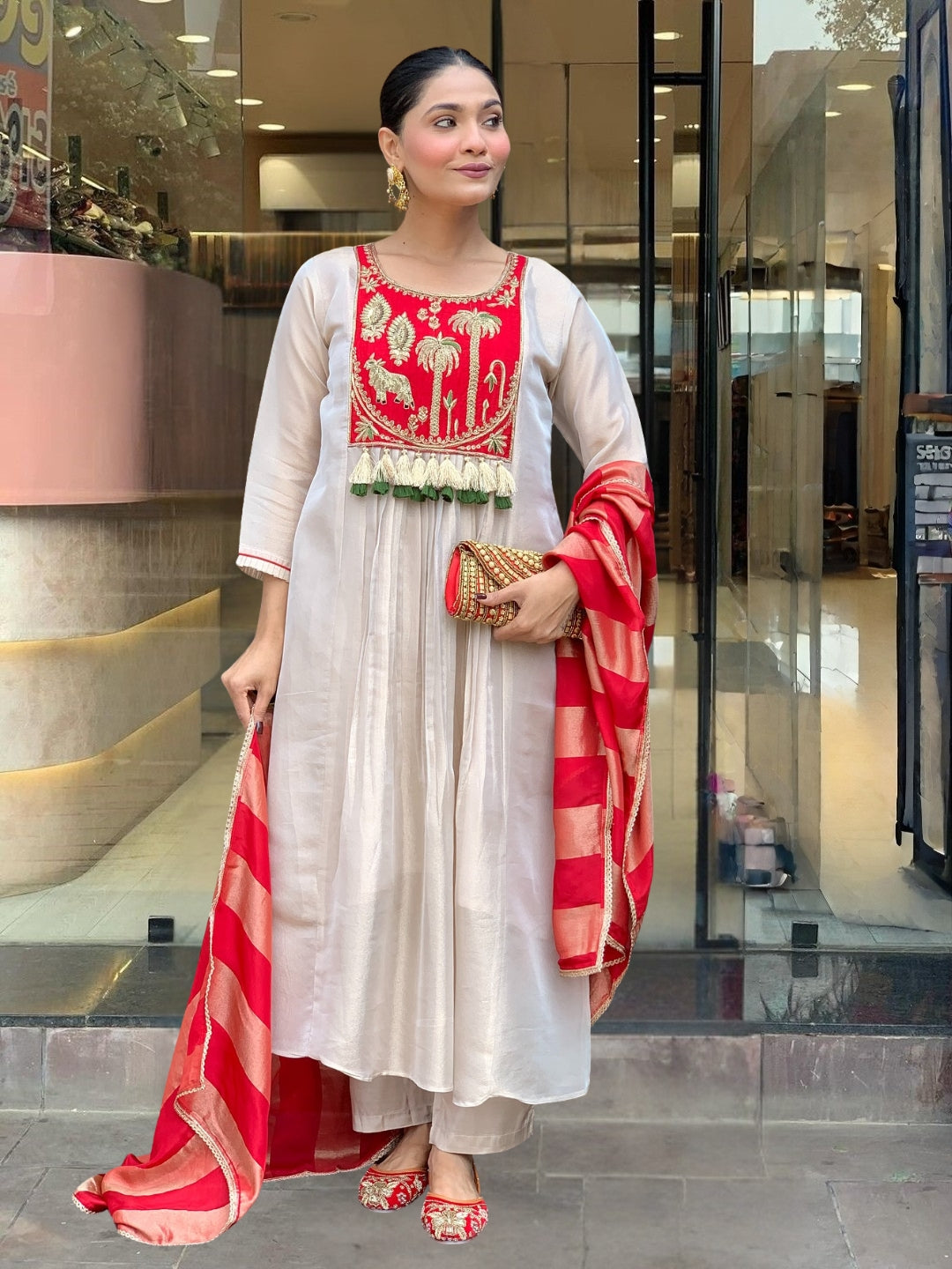 Zivaara Embroidered Ivory Red Suit Set