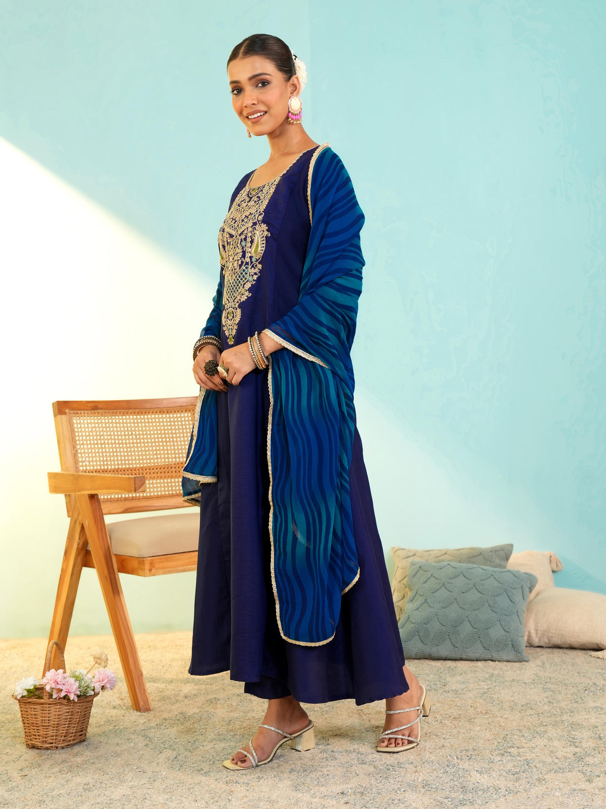 Royal Blue Embroidered Anarkali Suit Set