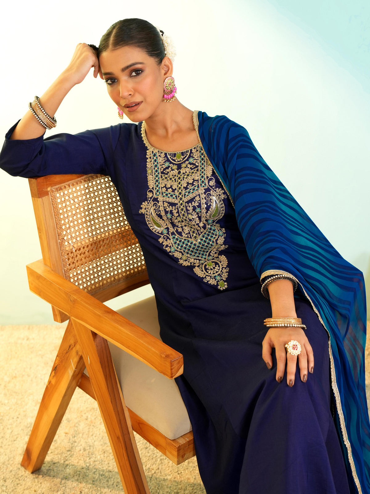 Royal Blue Embroidered Anarkali Suit Set