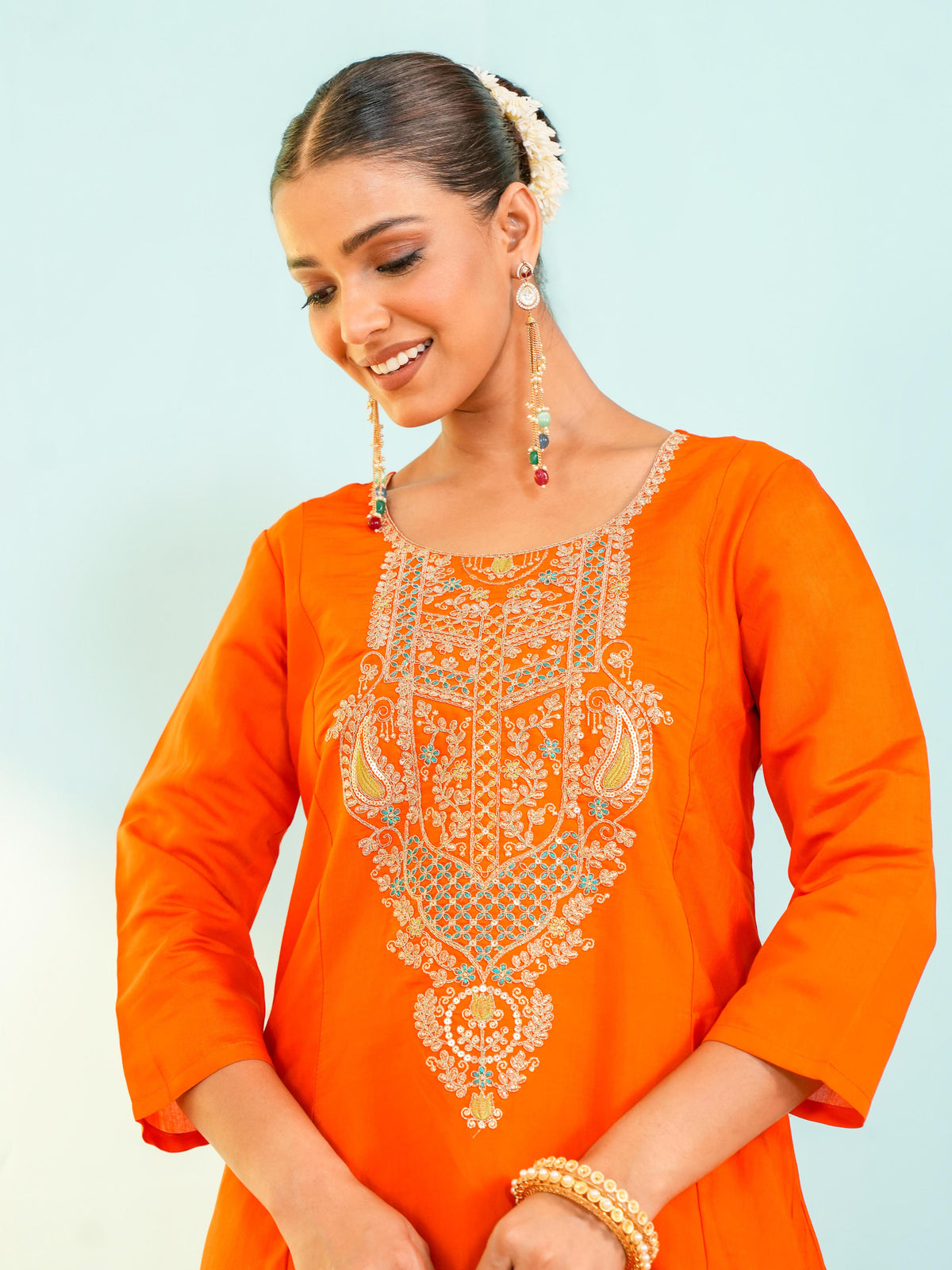 Royal Orange Embroidered Anarkali Suit Set