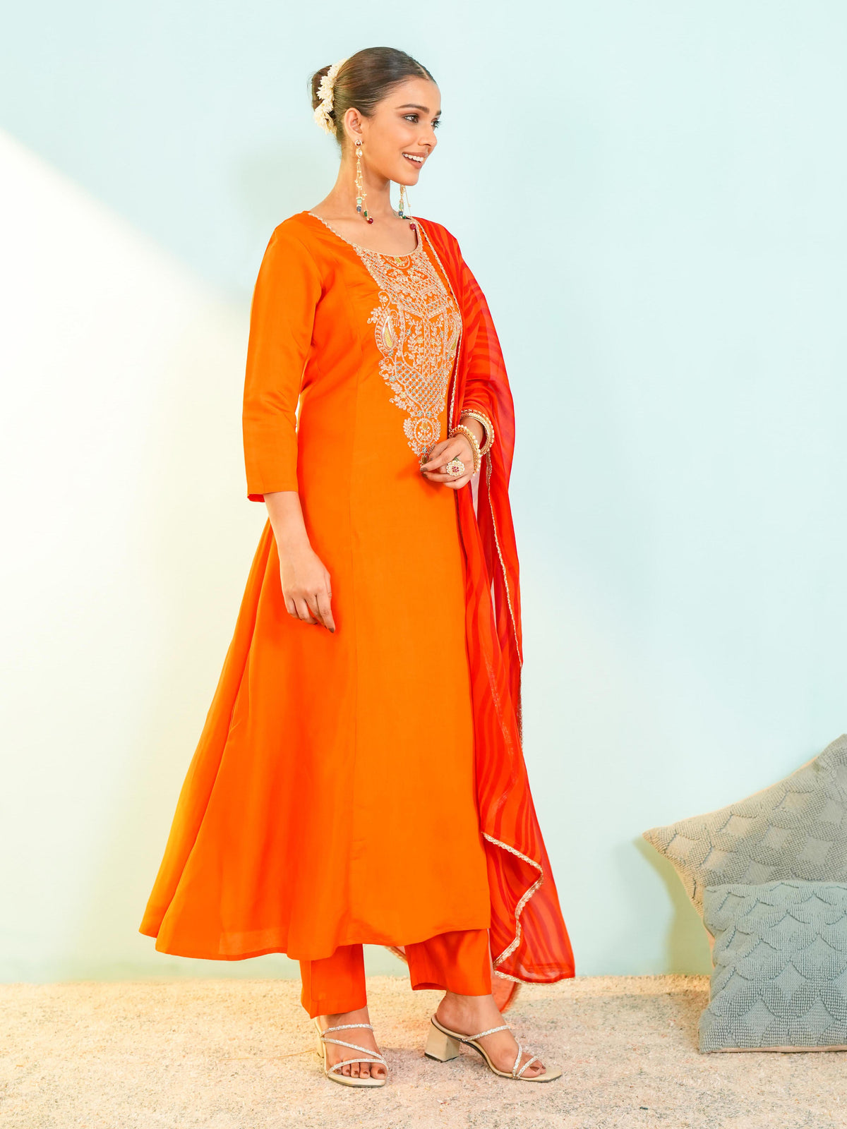 Royal Orange Embroidered Anarkali Suit Set