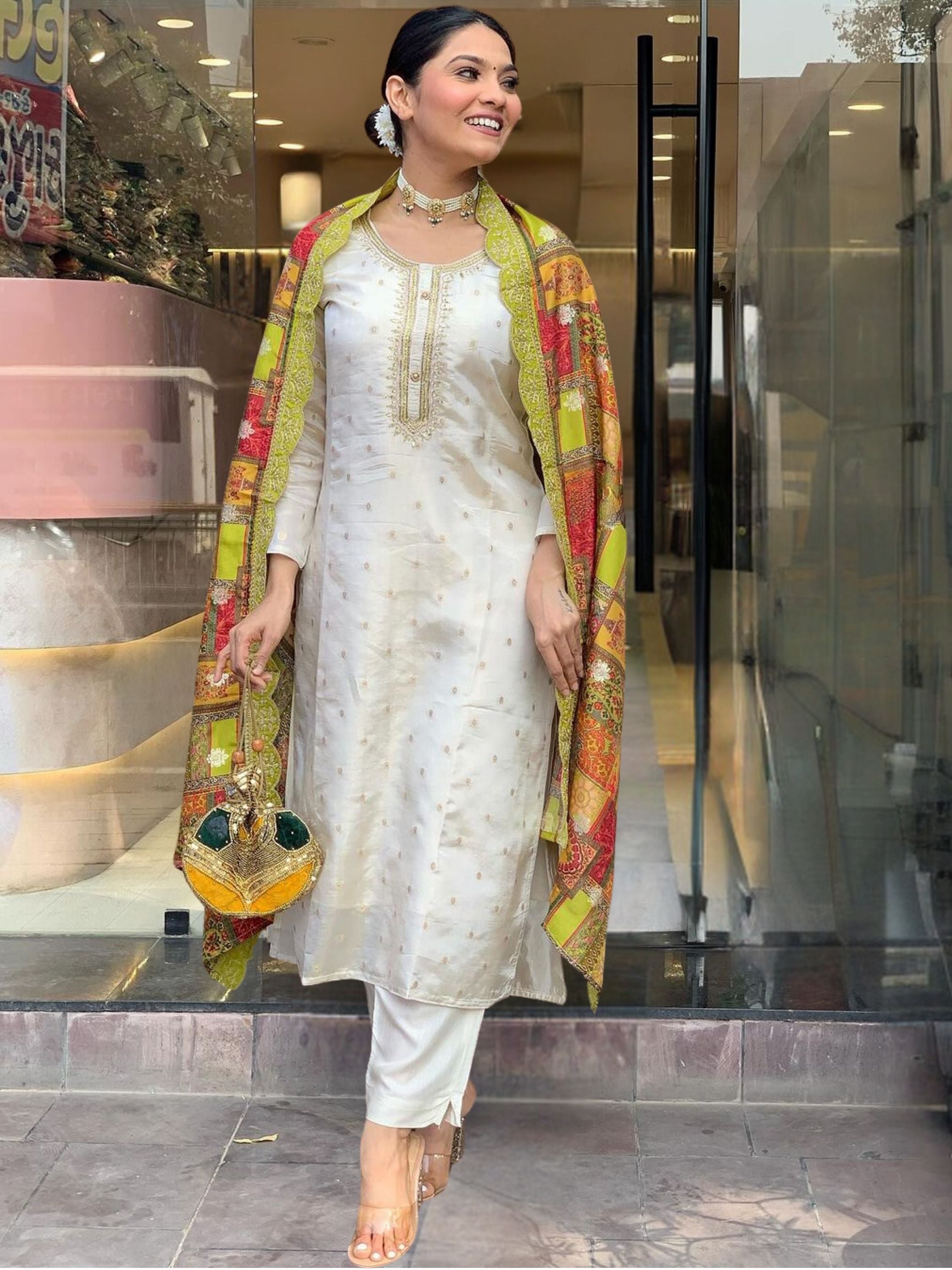 Charming White Most Beautiful Jequard Work Suit Set