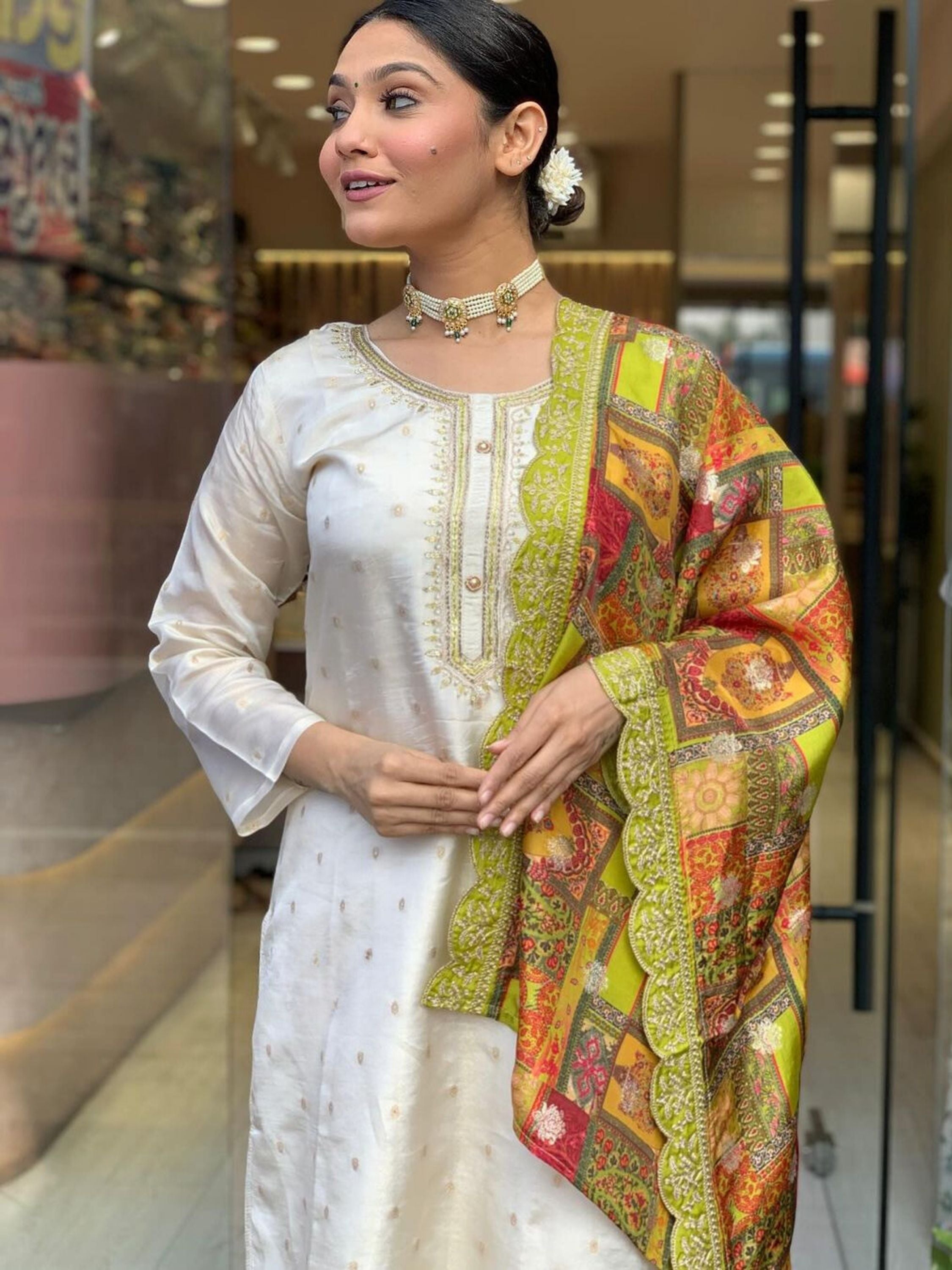 Charming White Most Beautiful Jequard Work Suit Set