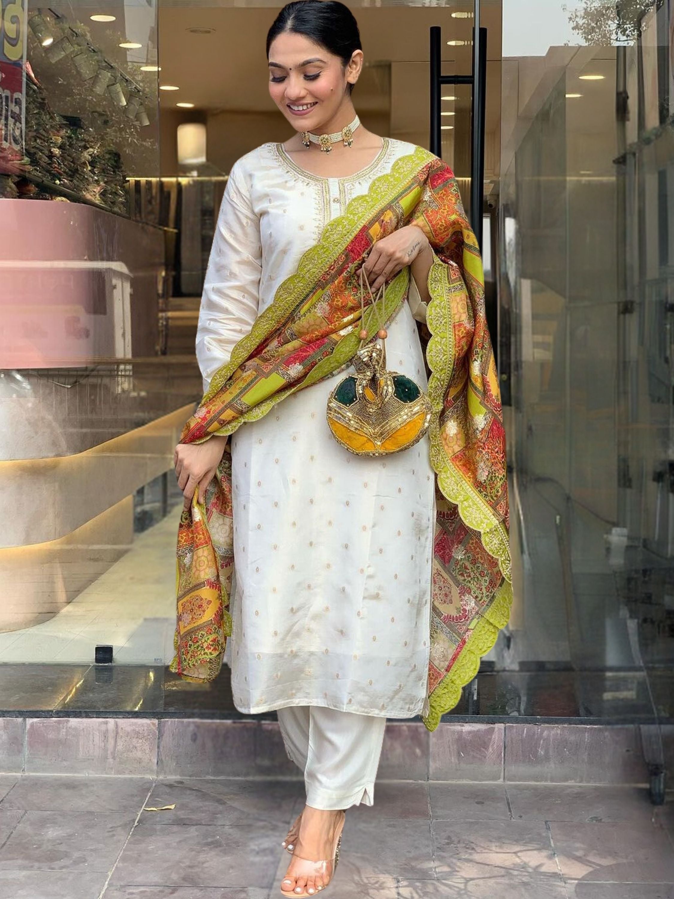 Charming White Most Beautiful Jequard Work Suit Set