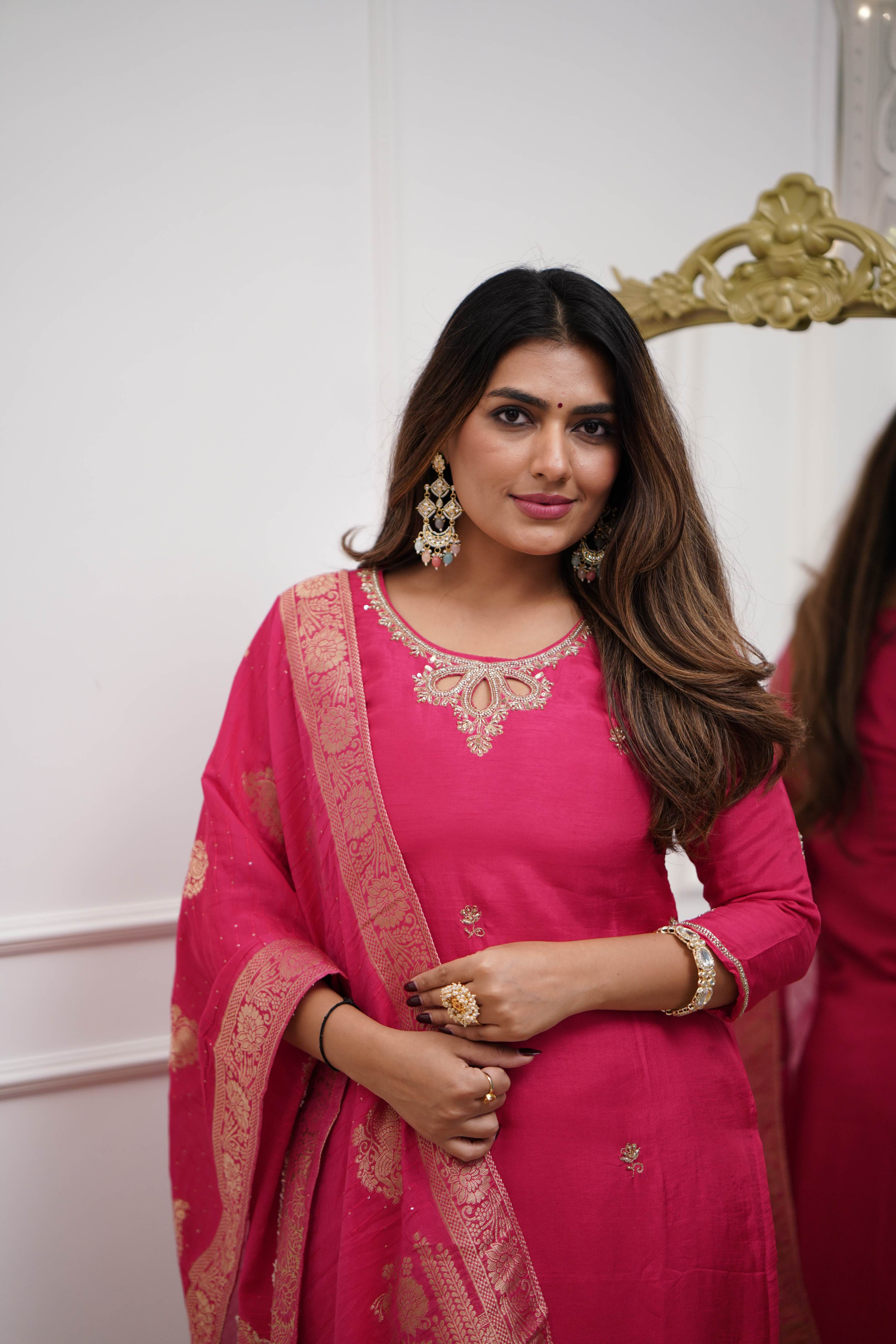 Unique Viscose Chanderi Silk Embroidary Work Suit Set