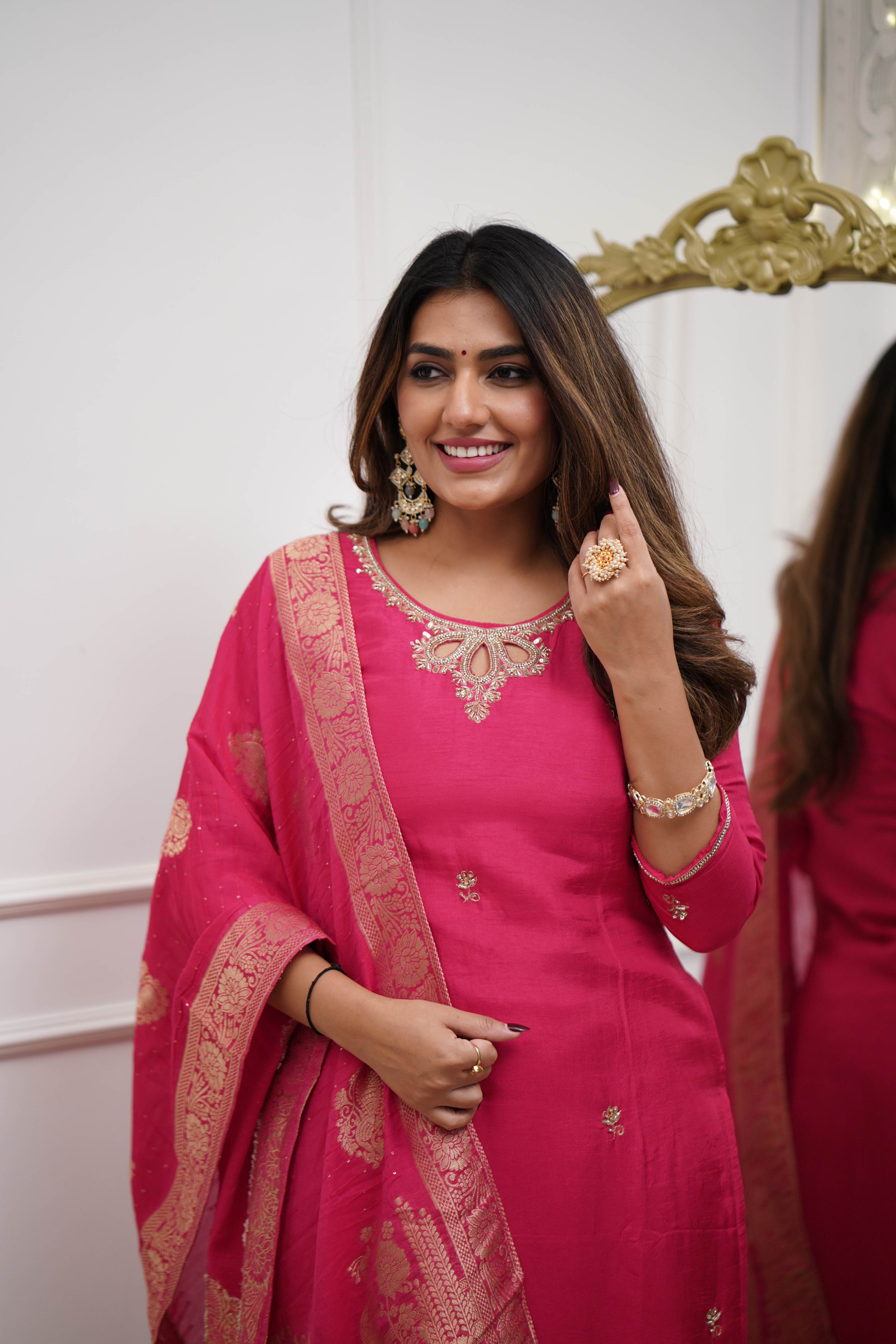 Unique Viscose Chanderi Silk Embroidary Work Suit Set