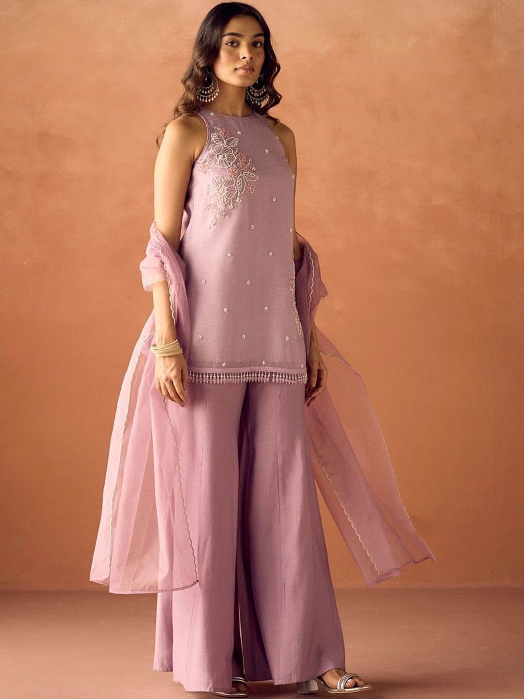 Peehu Mauve Onion Floral Embroidered Suit Set